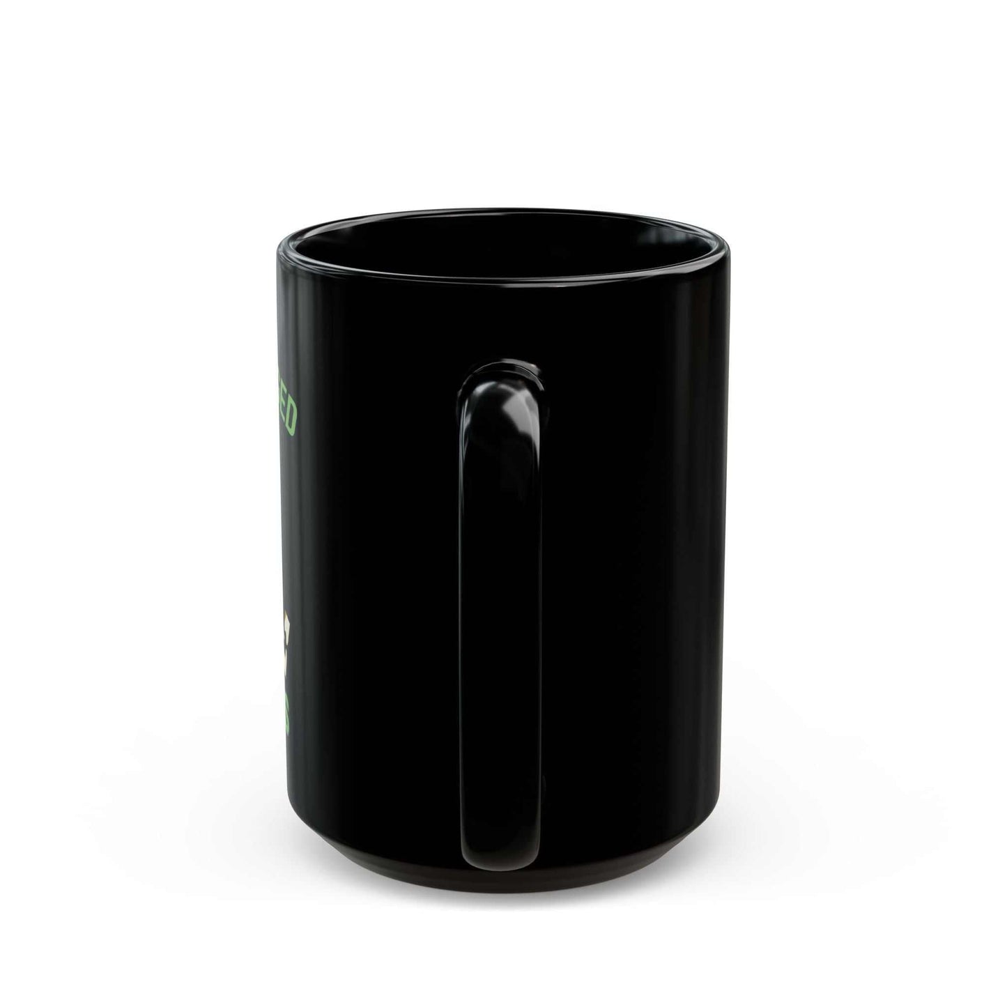 Glossy black coffee mug with mint-green "I've Been Hugged to Success" puzzle design and comfortable C-handle