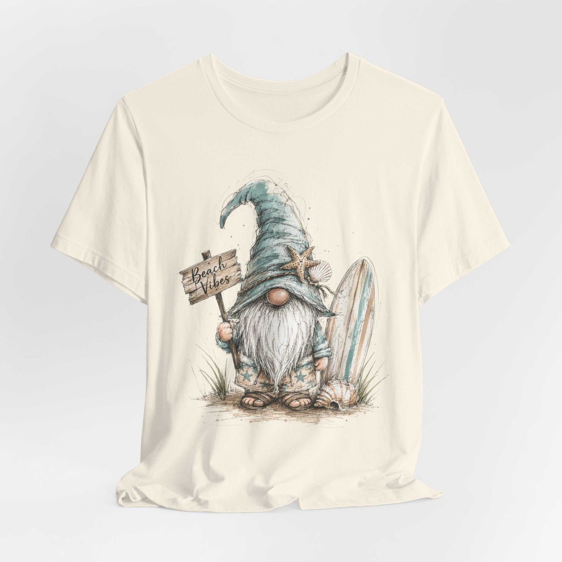 Beach Gnome Shirt with whimsical coastal gnome and seashell graphic on soft lightweight tee