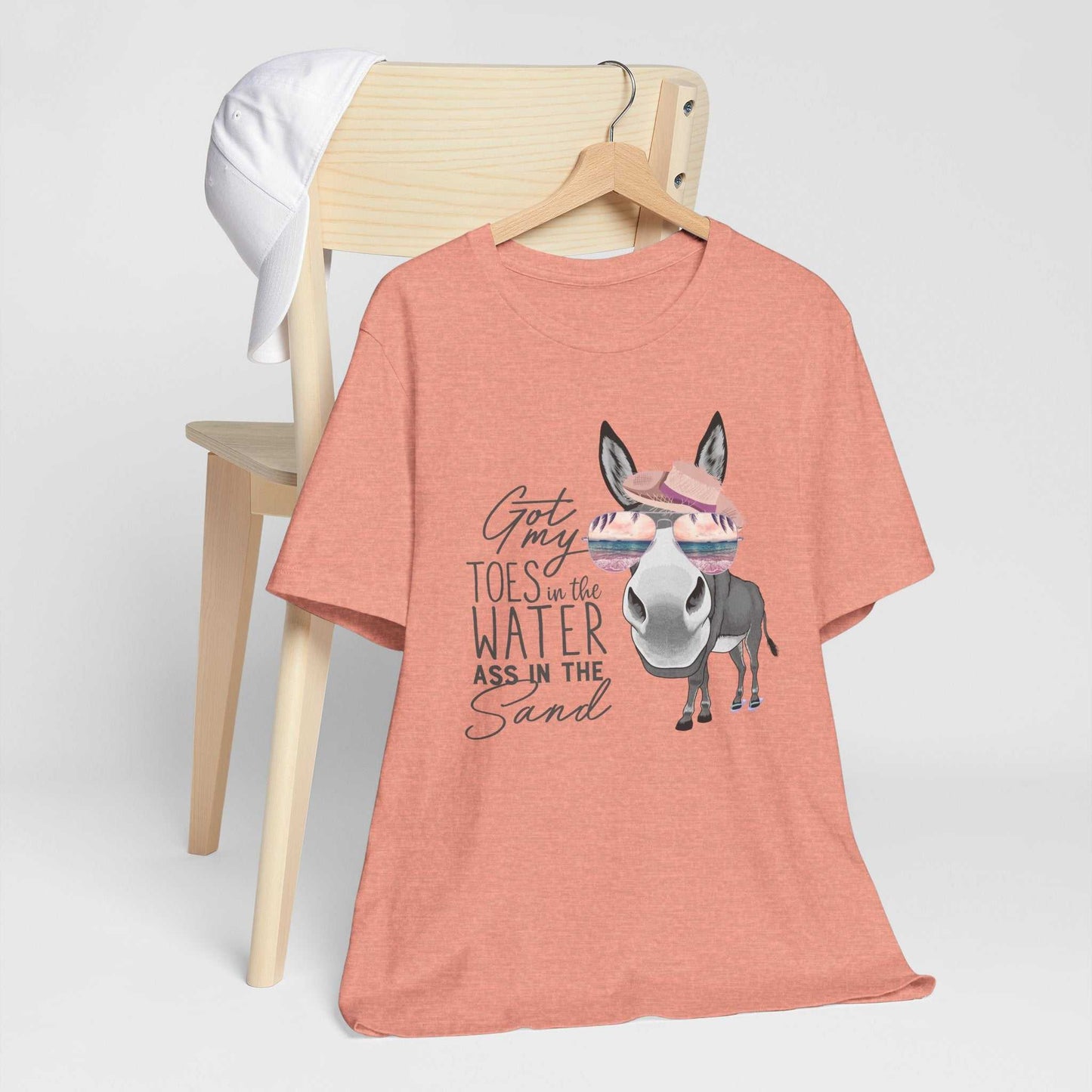 Got My Toes in the Water beach donkey t-shirt with donkey in sunglasses and sun hat on Bella Canvas tee