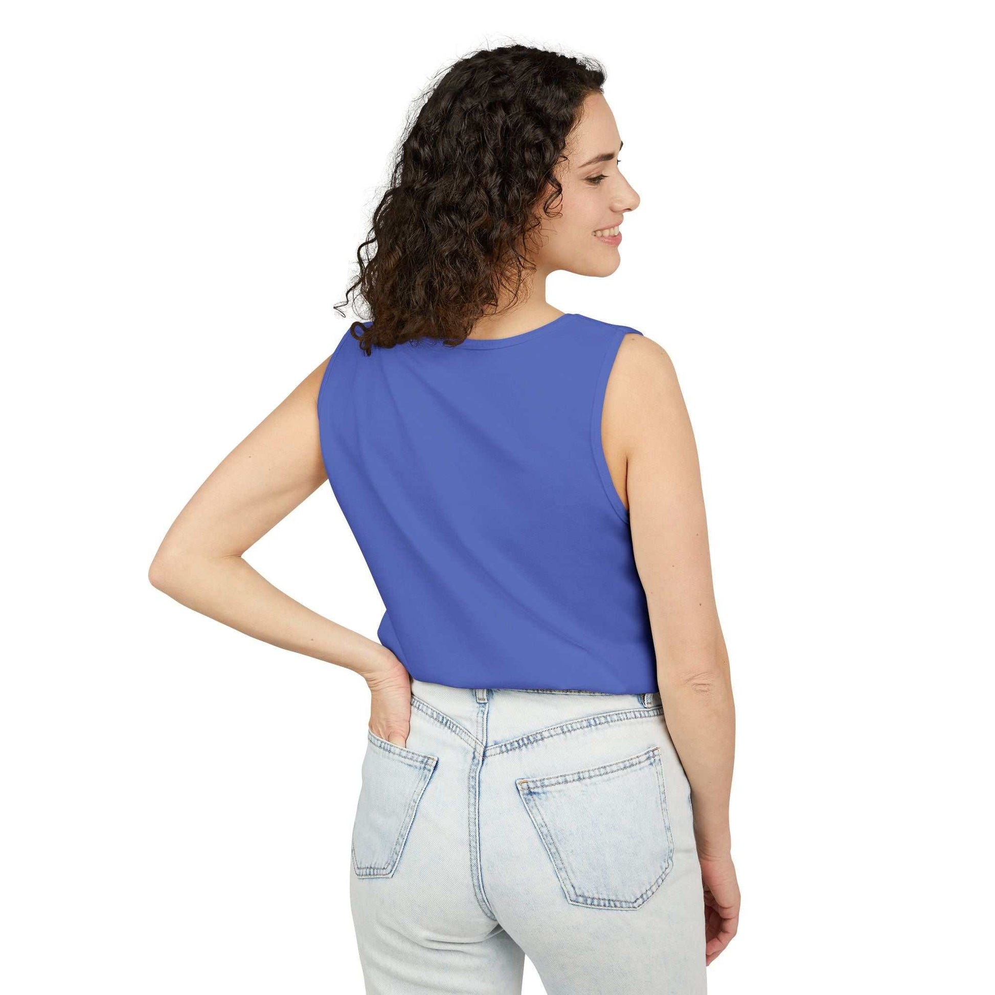 Patriotic watercolor flower tank top with indigo and rust floral design on soft cotton
