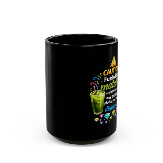 Matcha Lover Mug — “Caution: Fueled by Matcha” Black Ceramic Coffee Cup (11oz/15oz)