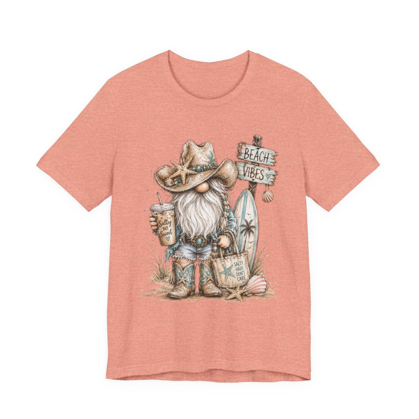 Coastal Cowgirl Beach Gnome shirt with turquoise accents and cowboy boots in watercolor style