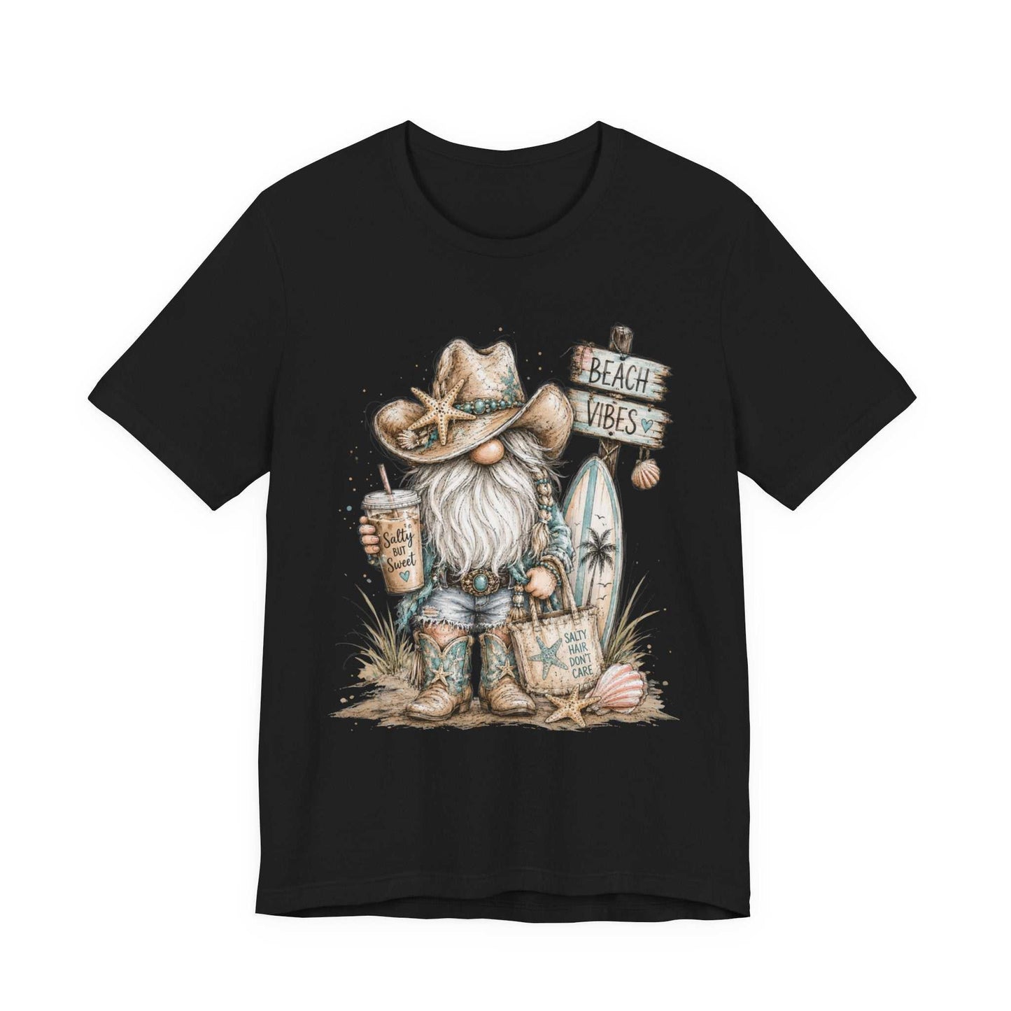 Coastal Cowgirl Beach Gnome shirt with turquoise accents, cowboy boots, seashells, and watercolor sketch style for summer beach and western vibes