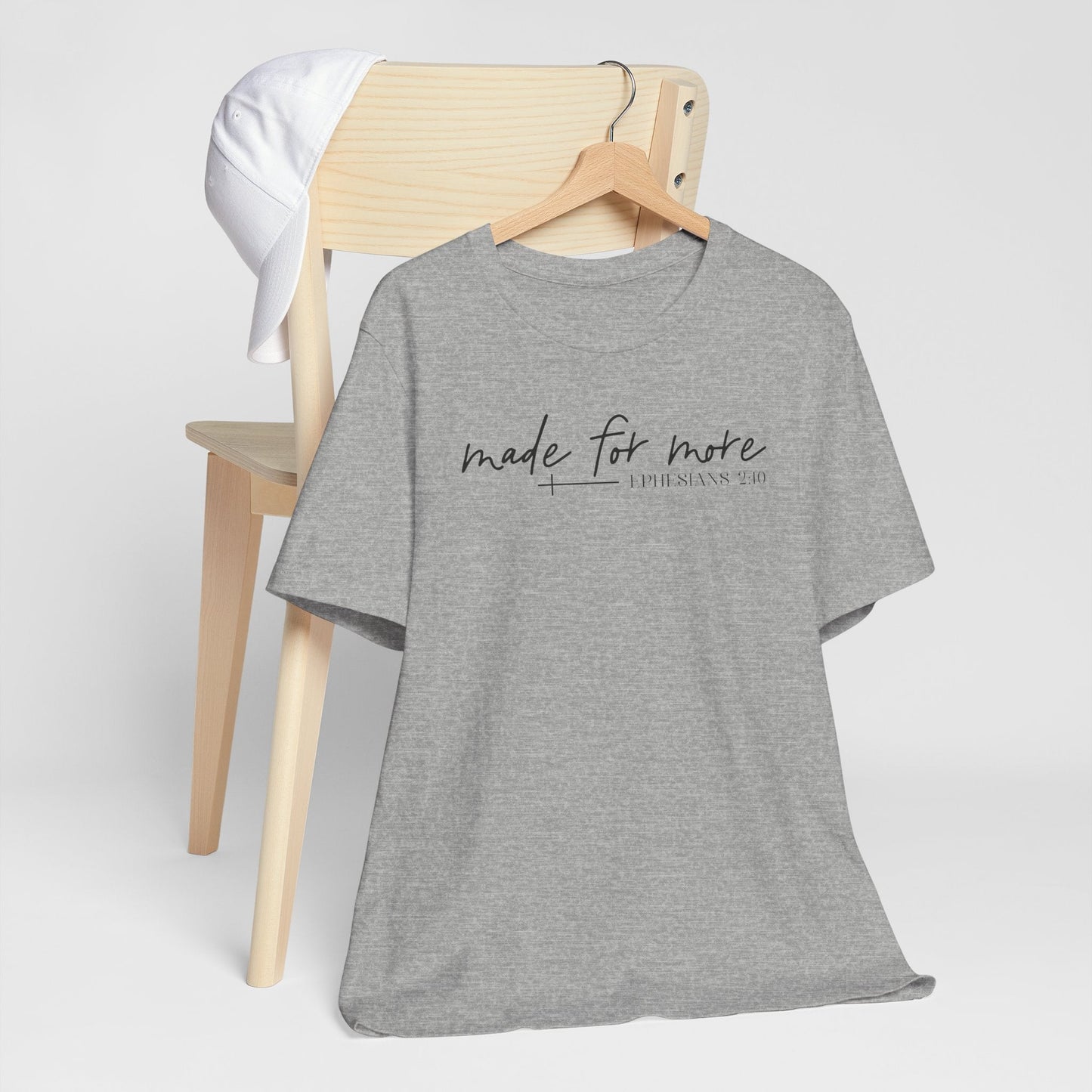 Woman wearing Made for More Faith Tee with Ephesians 2:10 scripture inspiration
