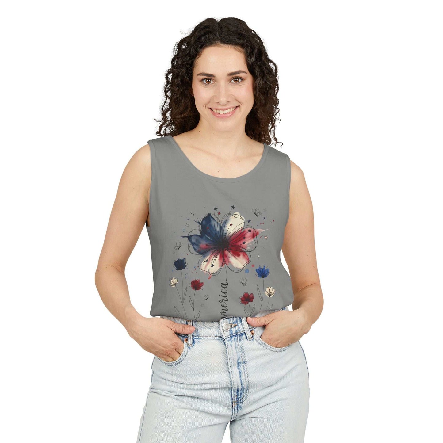Patriotic watercolor flower tank top with indigo and rust floral graphic on soft garment-dyed cotton