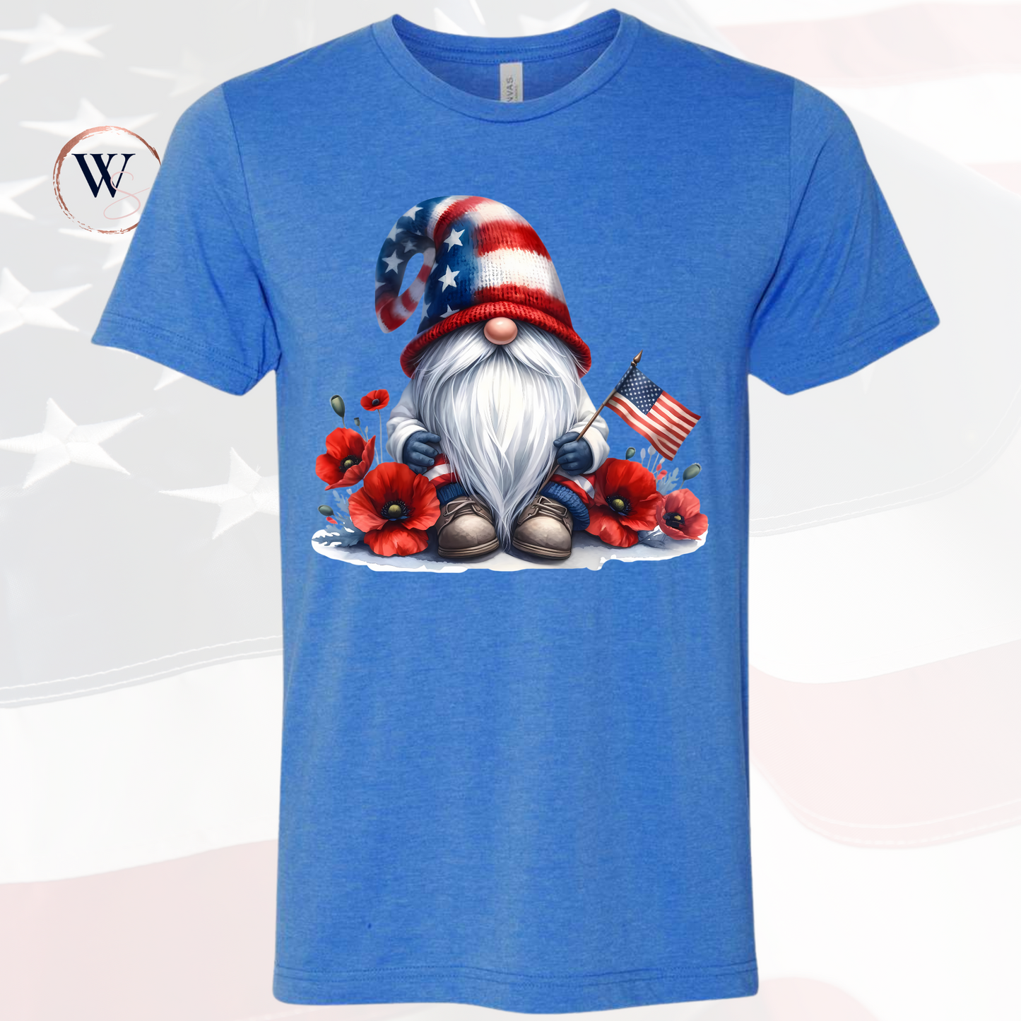 Gnome with American Flag Tee featuring a gnome holding a flag, ideal for patriotic occasions.