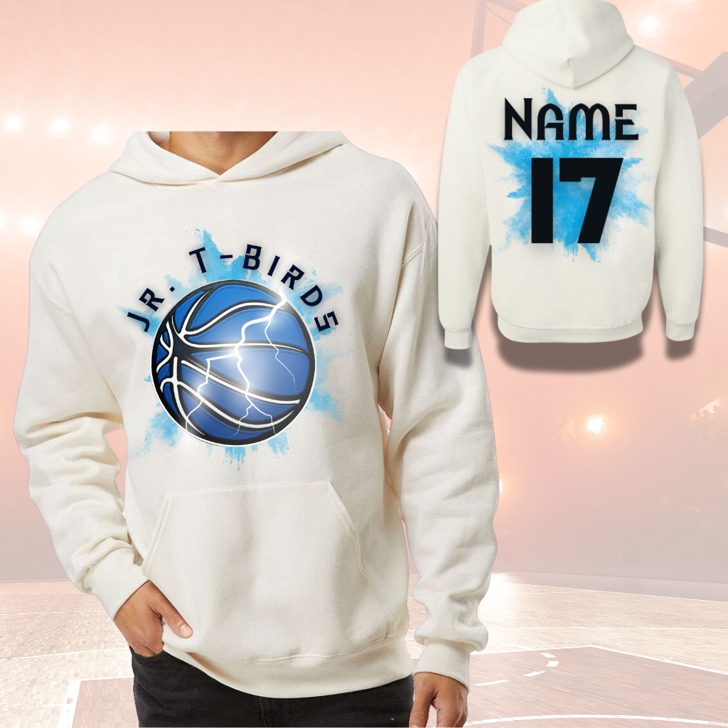 T-Bird Basketball Hoodie Adult Splash with customizable name and number design, unisex, cotton-polyester blend.