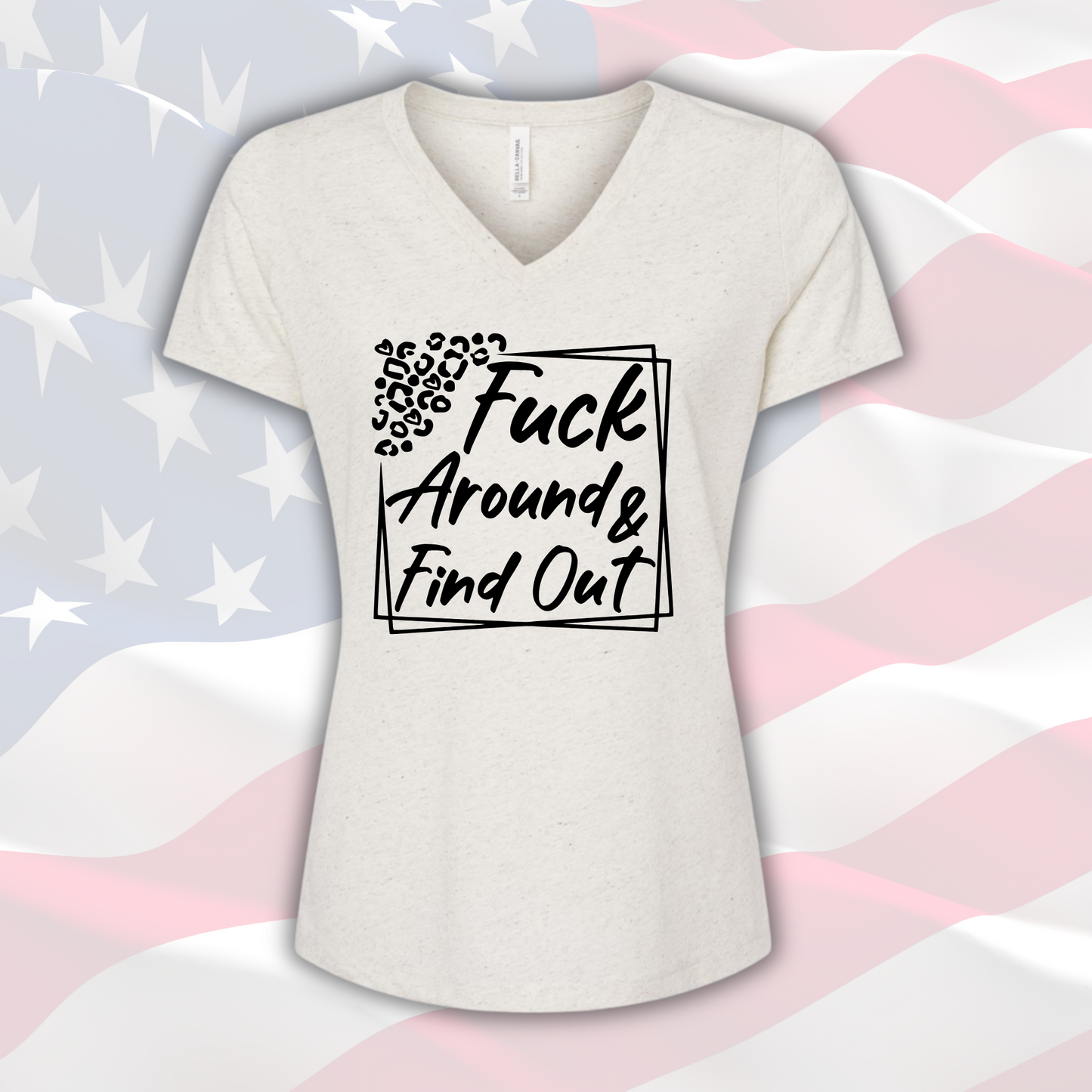 FAFO Women's Vneck Tee with bold text design, set against a background of the American flag.