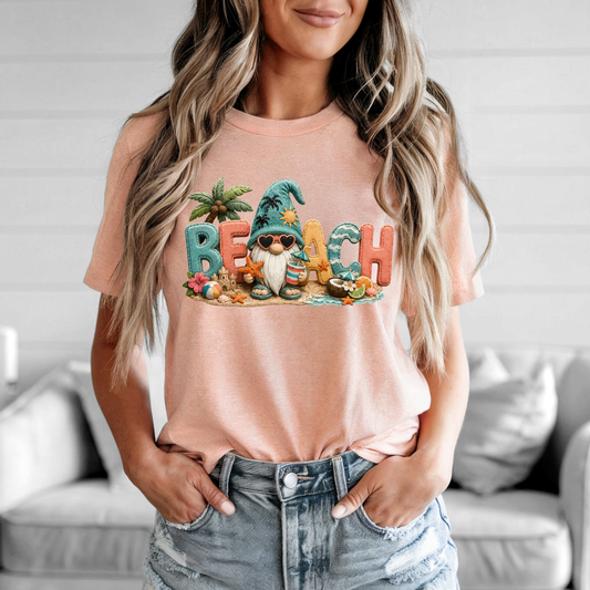 Beach Gnome Patchwork Tee with 3D coastal applique and vibrant summer design