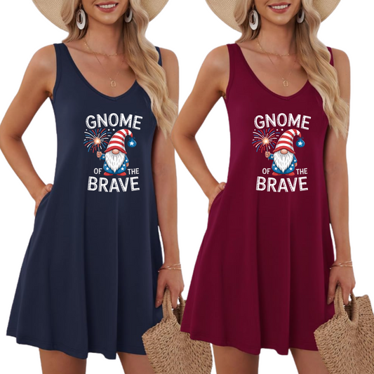 Gnome of the Brave Summer Dress in navy and burgundy, featuring playful graphics for warm weather.