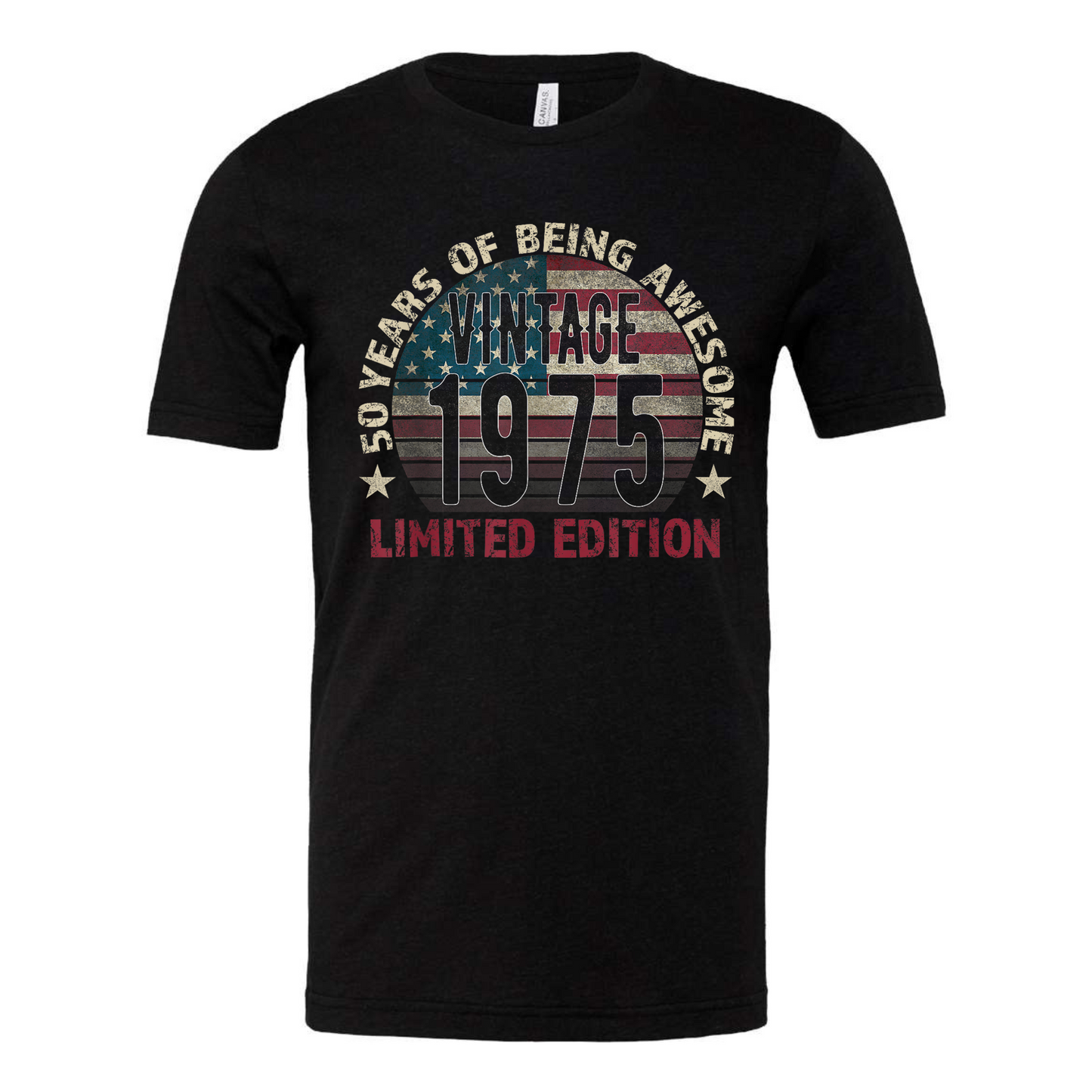 Vintage 1975 Limited Edition black t-shirt celebrating 50 years of being awesome.