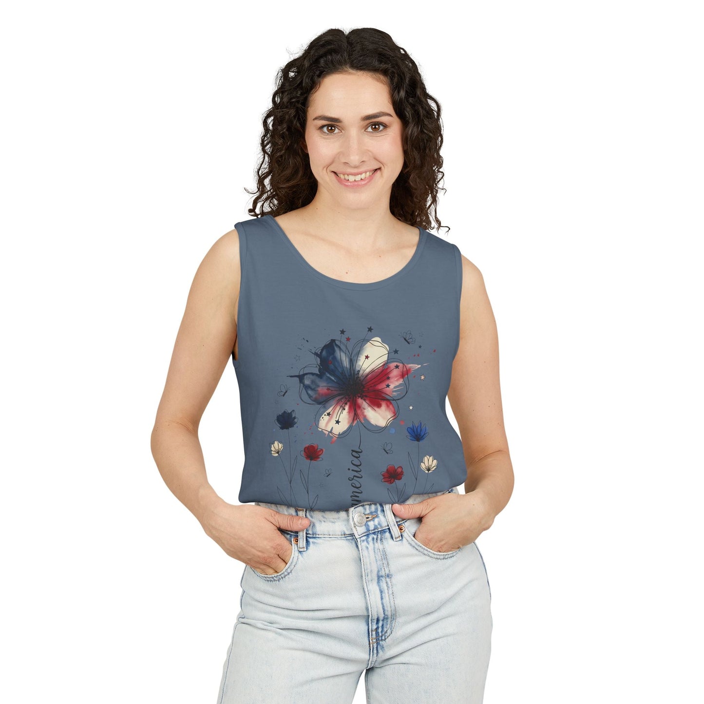 Patriotic Watercolor Flower tank top with indigo and rust floral graphic on soft cotton