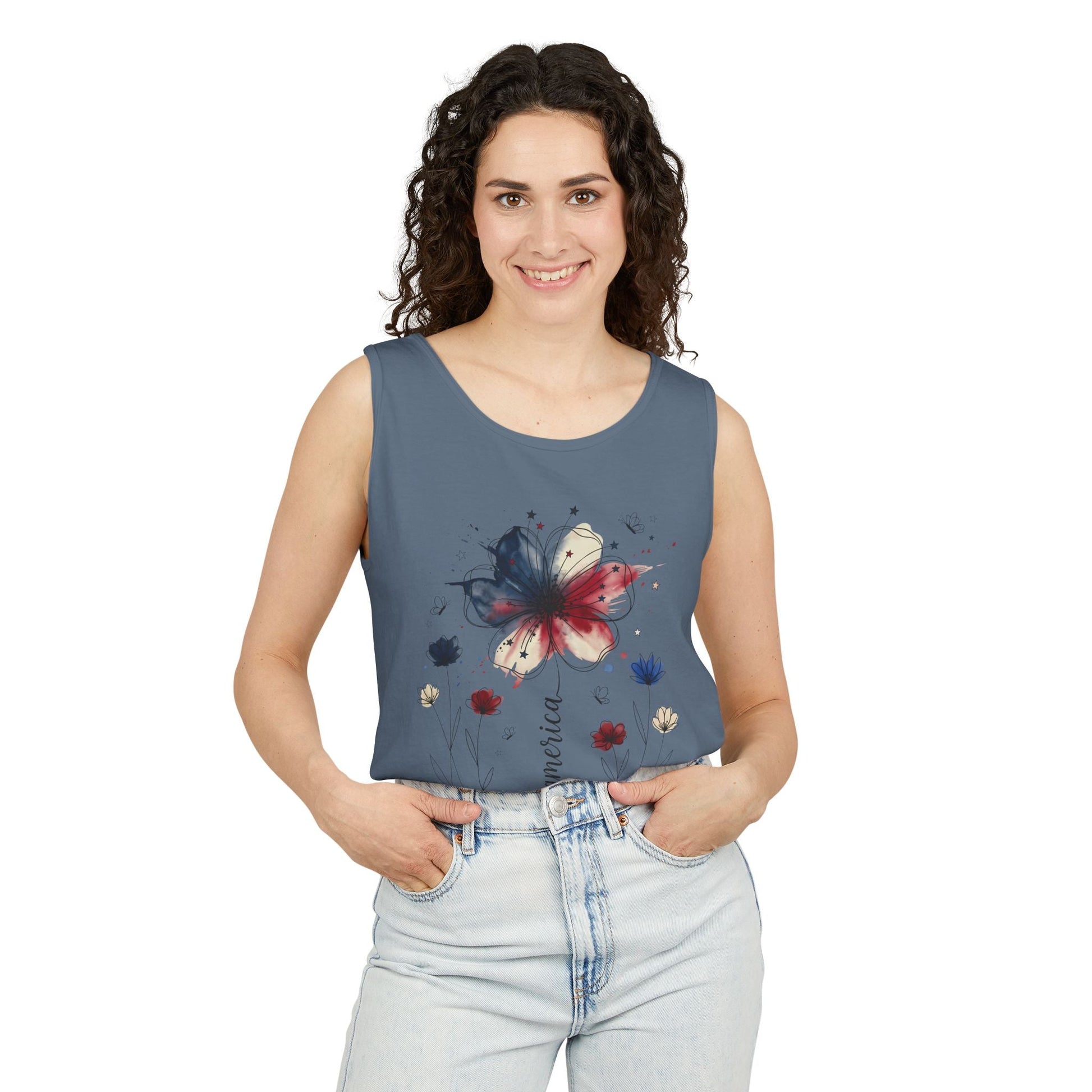 Patriotic Watercolor Flower tank top with indigo and rust floral graphic on soft cotton