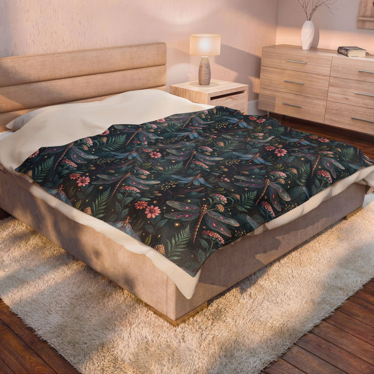 Velveteen Plush Blanket — Dark Botanical Dragonfly Throw