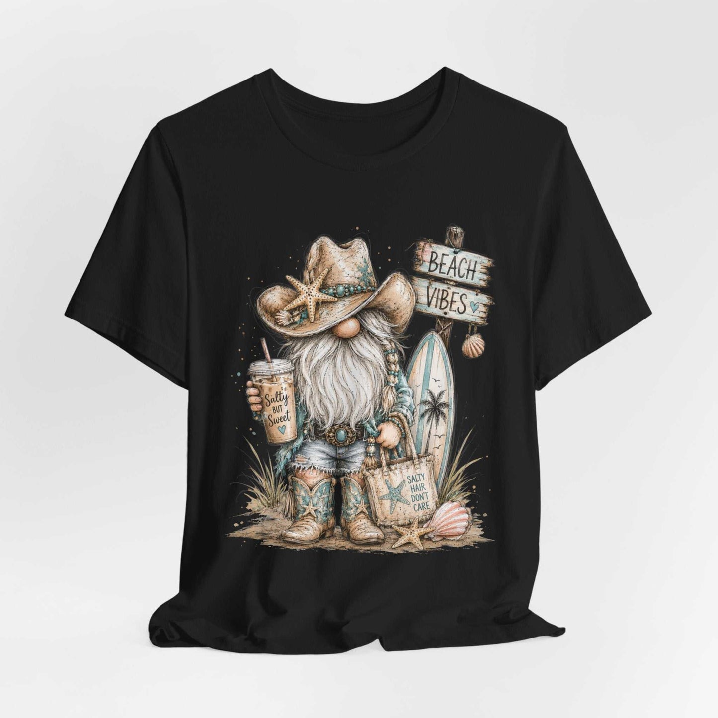 Coastal Cowgirl Beach Gnome shirt design with turquoise accents, cowboy boots, seashells, and watercolor style for summer beach and western vibes
