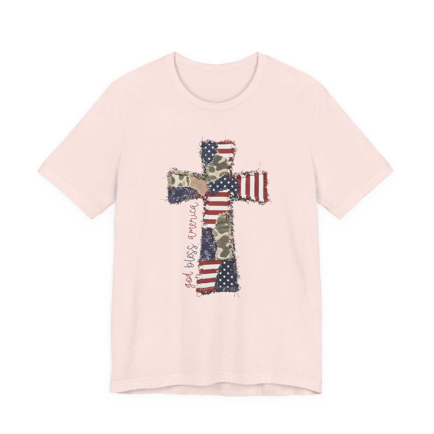 God Bless America shirt with patriotic cross and distressed American flag design, vintage Americana style, and camouflage accents.