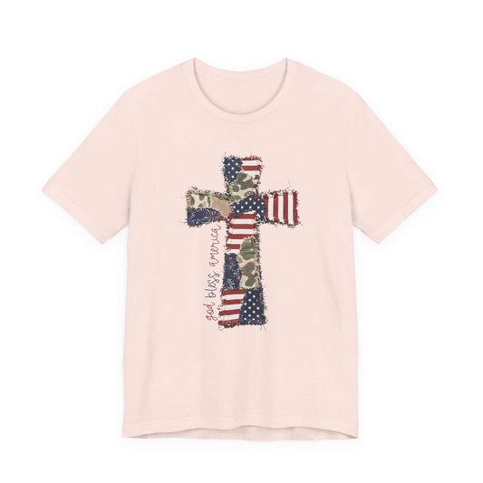 God Bless America patchwork cross tee with vintage patriotic design and faith-inspired graphics