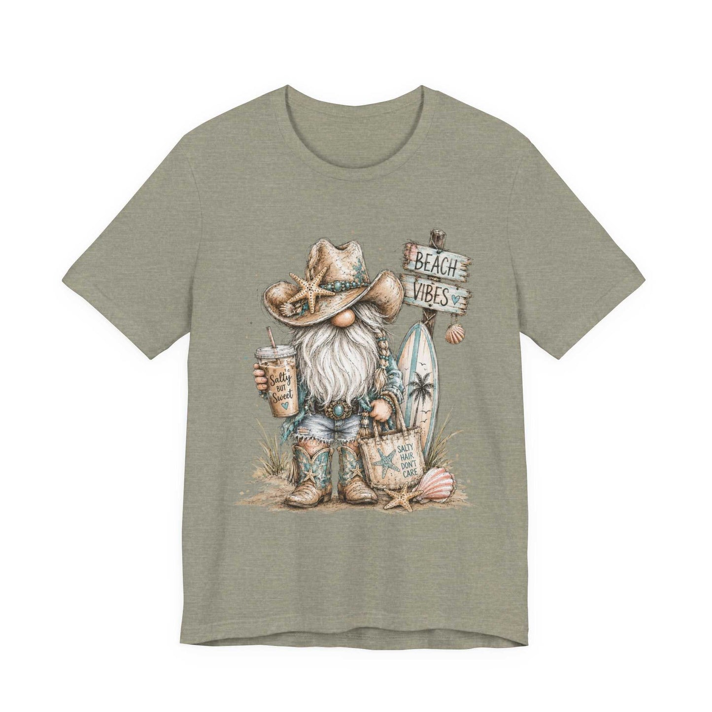 Coastal Cowgirl Beach Gnome shirt with turquoise accents, cowboy boots, seashells, and watercolor summer design