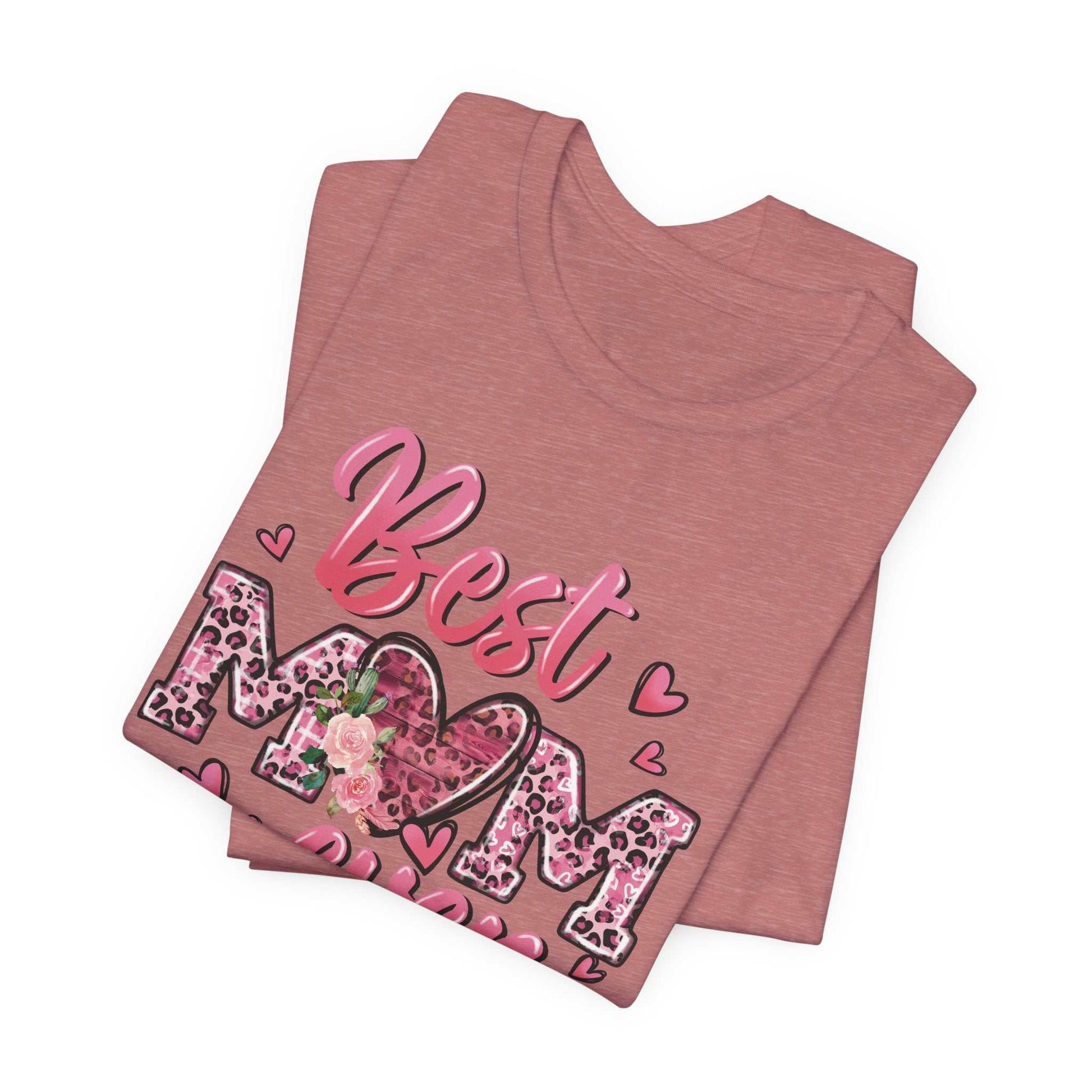 Pink Best Mom Ever T-shirt with leopard heart design for Mother's Day, soft cotton breathable tee