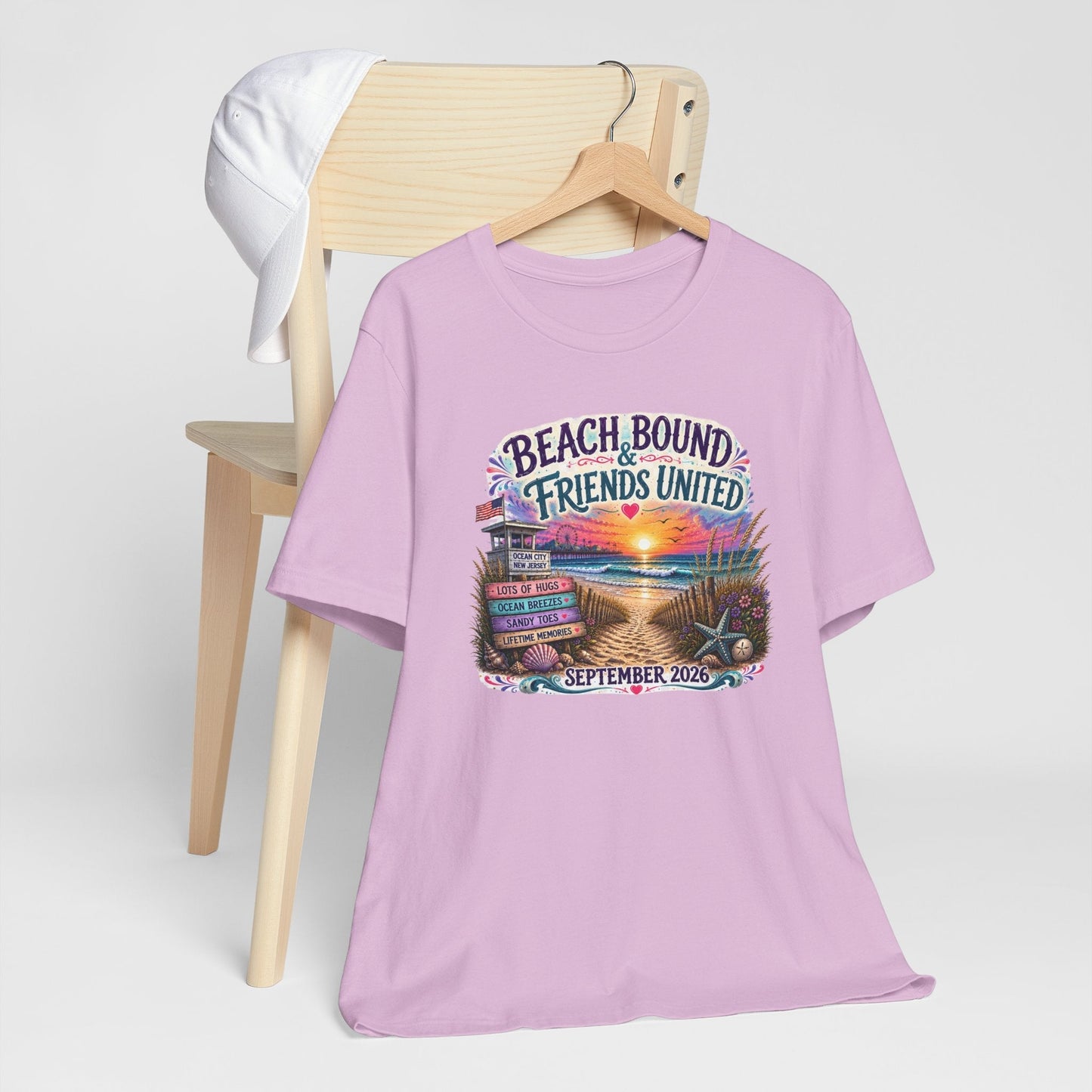 Beach Bound & Friends United tee with vibrant seaside sunset and sandy beach path for Ocean City 2026 reunion
