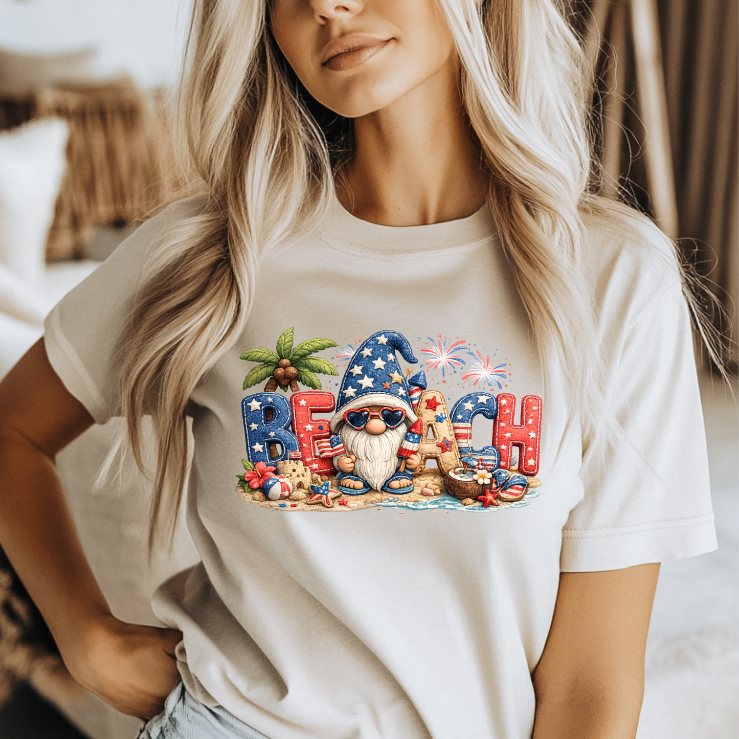 Patriotic Beach Gnome patchwork tee with red, white, and blue beach and fireworks design