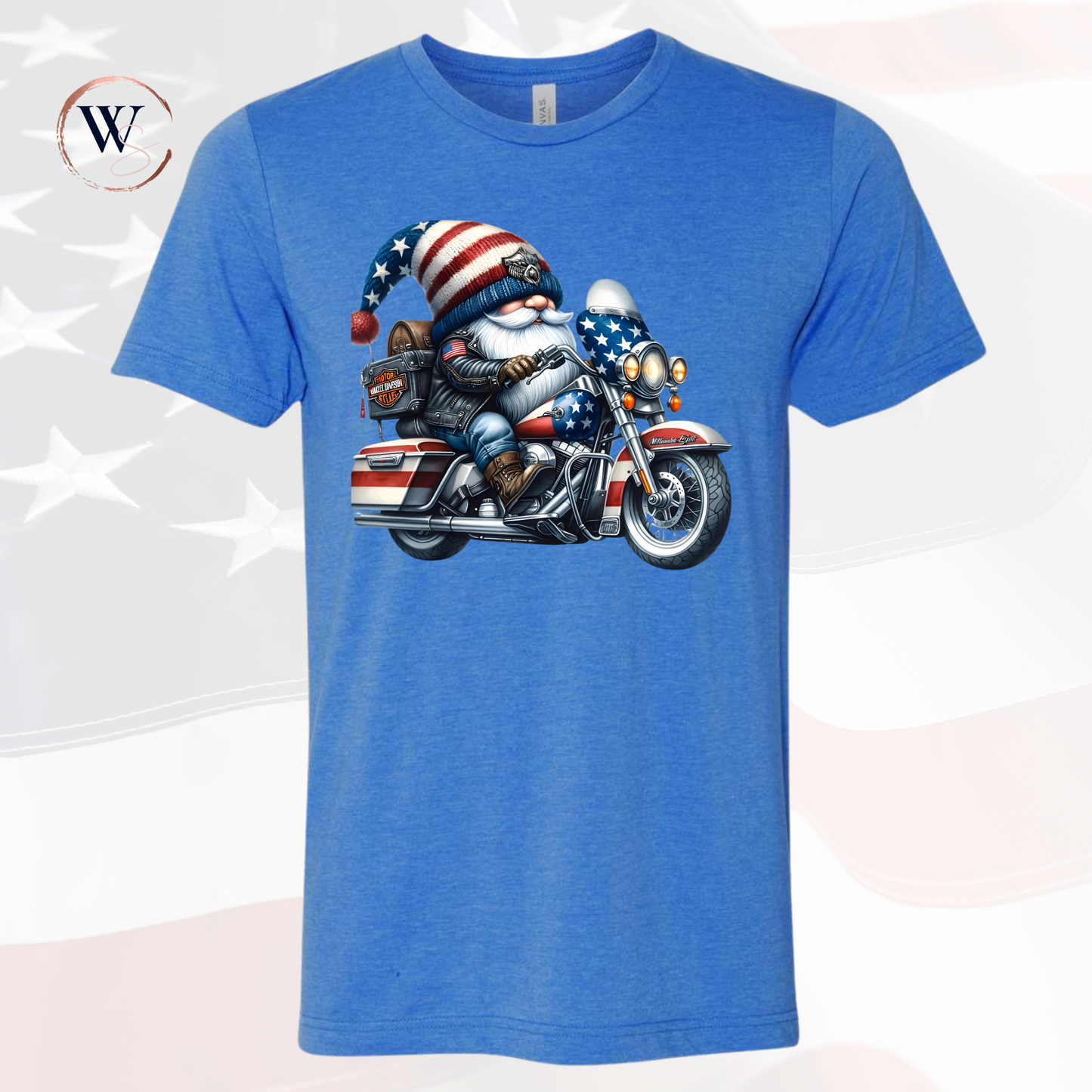 Gnome riding a Harley shirt with patriotic design and American flag accents.