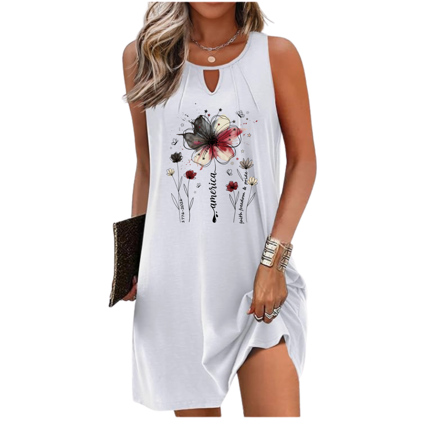 Lightweight America Faith & Freedom floral swimsuit cover-up dress with patriotic design for summer beachwear