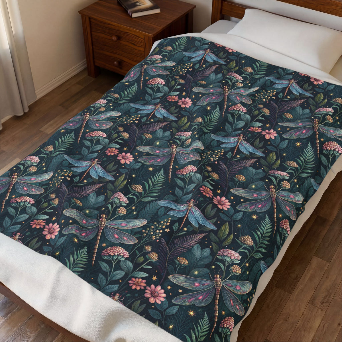 Velveteen Plush Blanket — Dark Botanical Dragonfly Throw