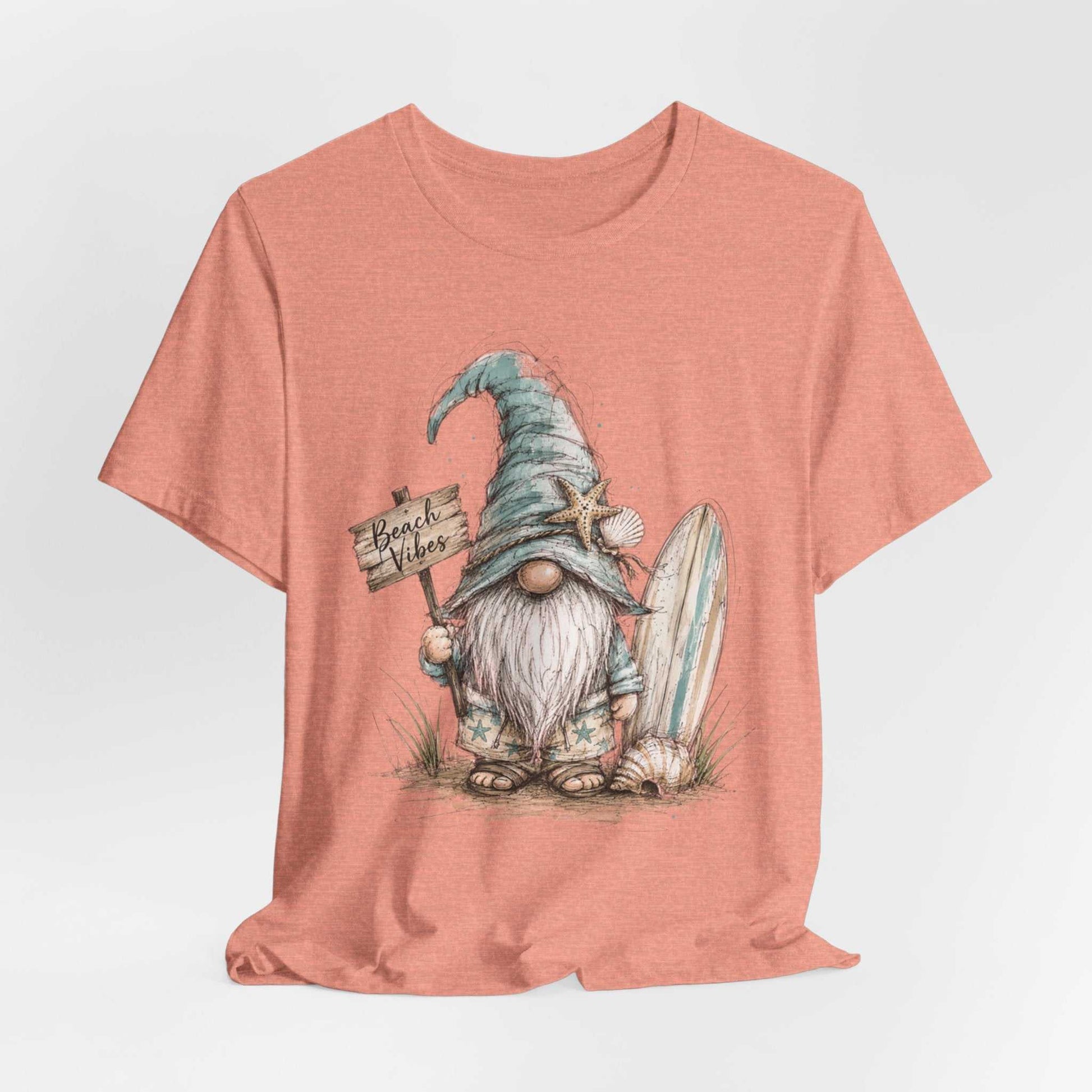 Beach Gnome Shirt with whimsical watercolor gnome and seashell design on cozy coastal tee