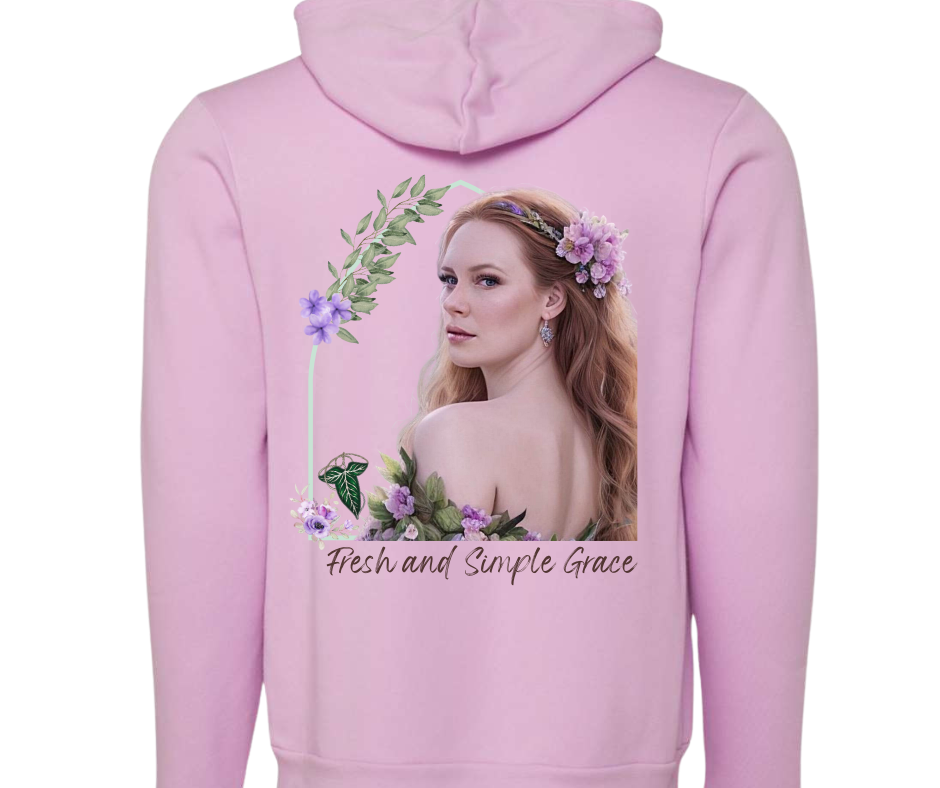 Lilac Fresh & Simple Grace Zip Up Hoodie with floral design and model illustration.