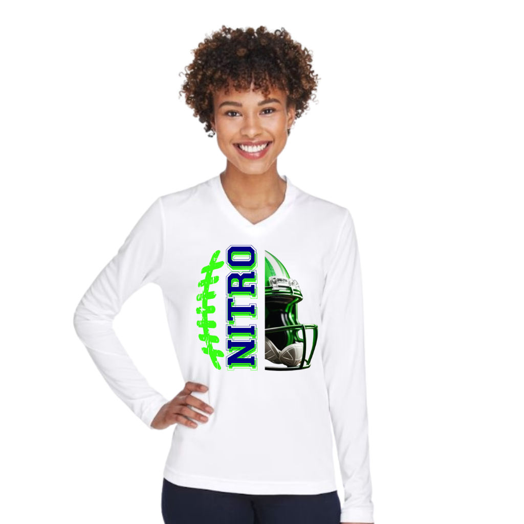 Woman wearing white long sleeve Nitro football performance shirt with green and navy graphic and moisture-wicking fabric