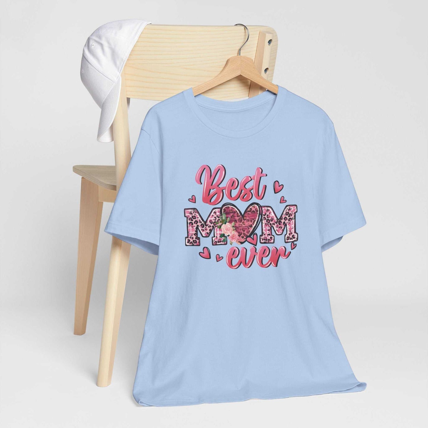 Pink leopard heart "Best Mom Ever" t-shirt for Mother's Day with soft, breathable cotton fabric