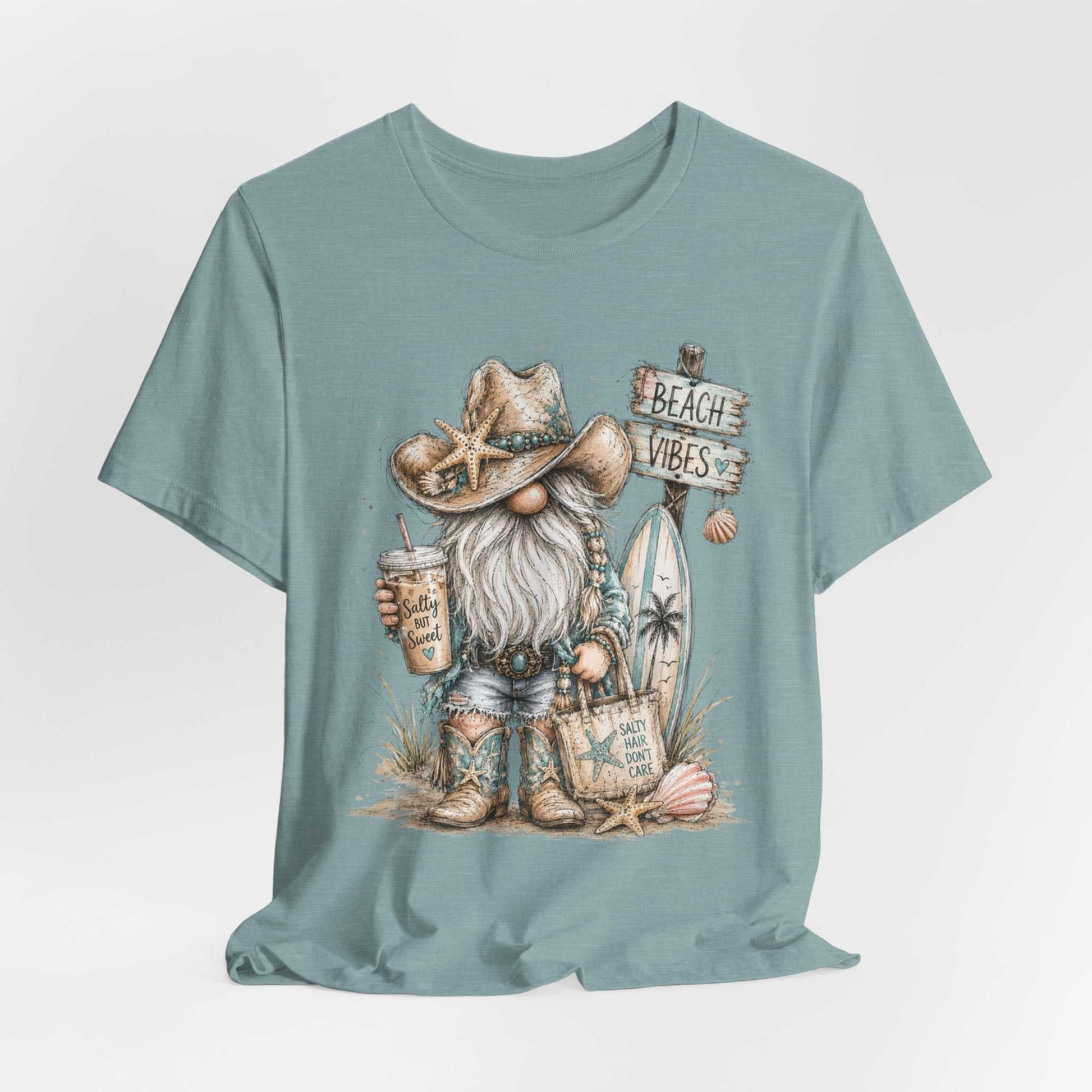 Coastal Cowgirl Beach Gnome shirt with turquoise accents, cowboy boots, seashells, and watercolor beach design