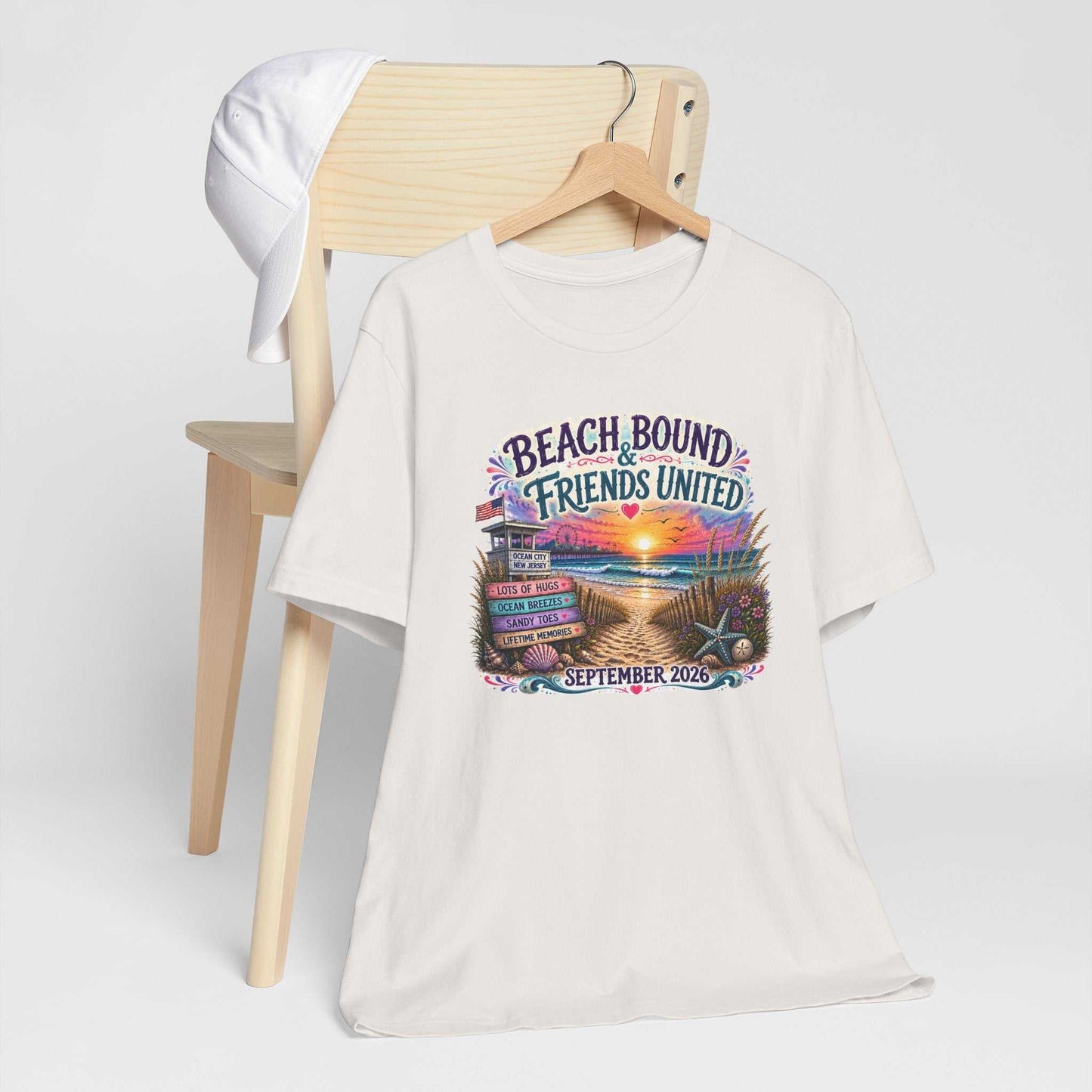 Beach Bound & Friends United Ocean City 2026 friendship tee with seaside sunset and beach path design