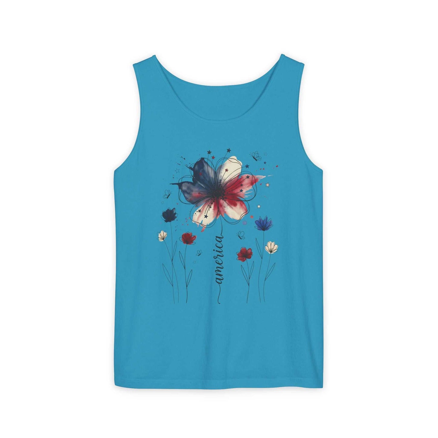 Patriotic watercolor flower tank top with indigo and rust floral graphic on soft cotton