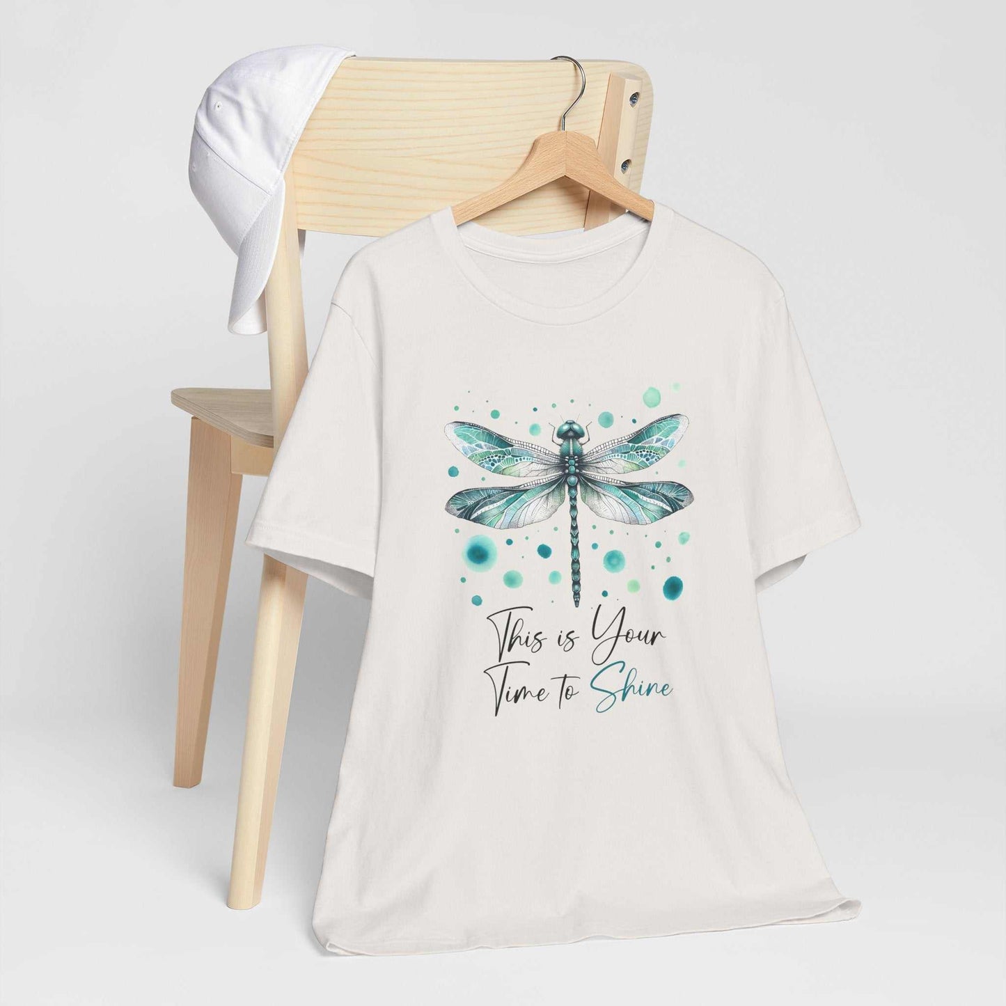Unisex Dragonfly Tee with watercolor teal dragonfly design on soft Bella Canvas 3001 shirt