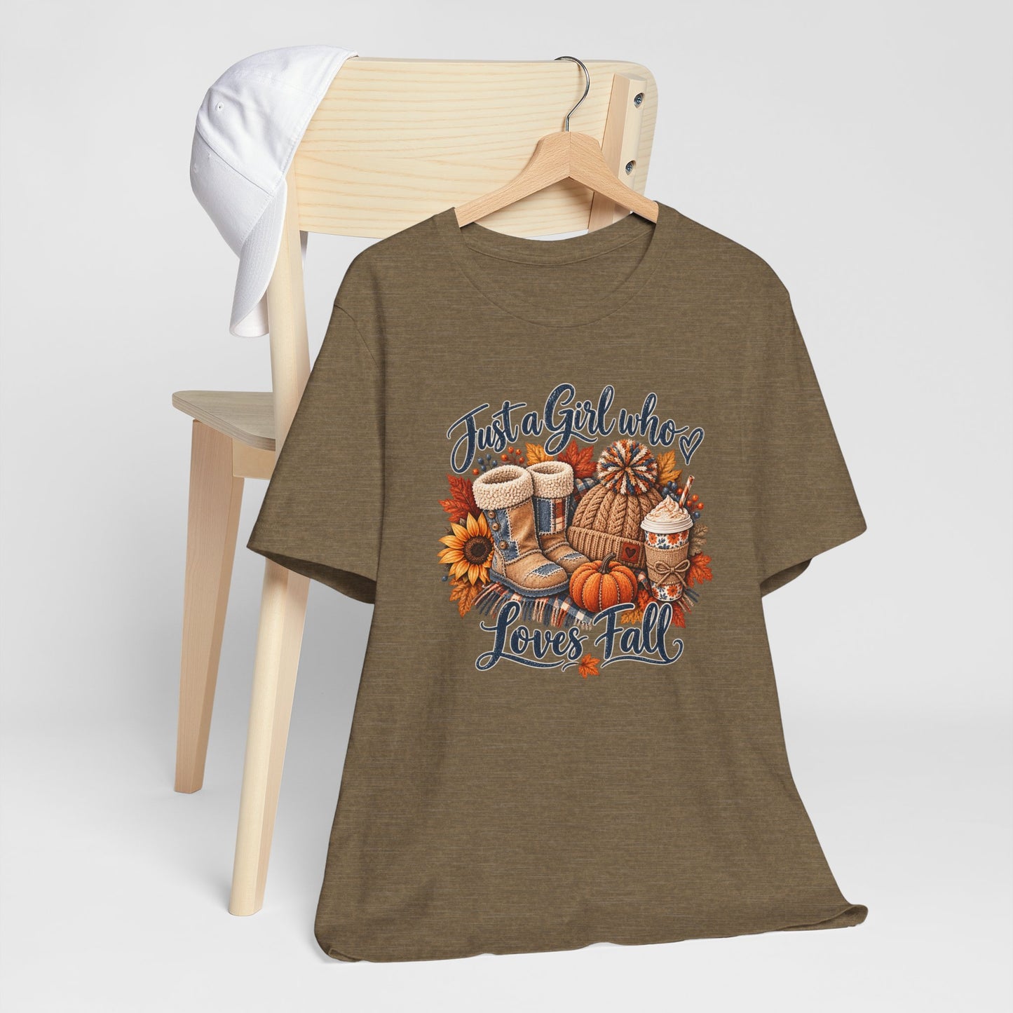Just a Girl Who Loves Fall T-Shirt — Autumn Pumpkin & Cozy Coffee Tee