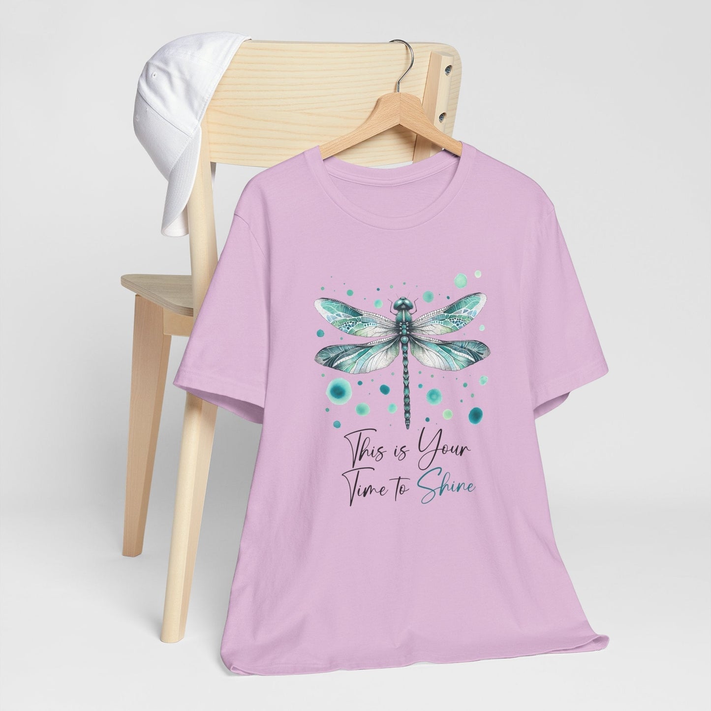 Unisex Dragonfly Tee with watercolor dragonfly design in teal and aqua on soft Bella Canvas 3001 fabric