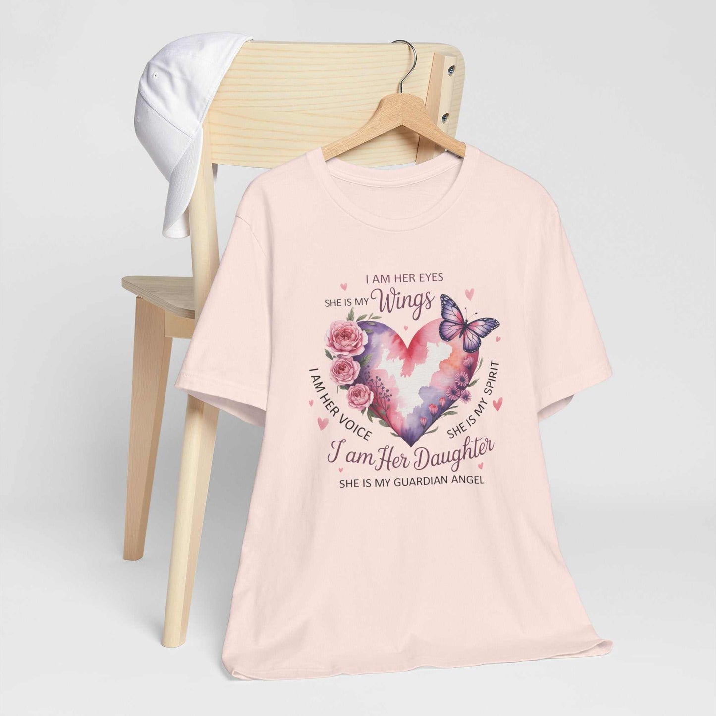 I Am Her Daughter memorial shirt with guardian angel butterfly and floral design on soft unisex tee