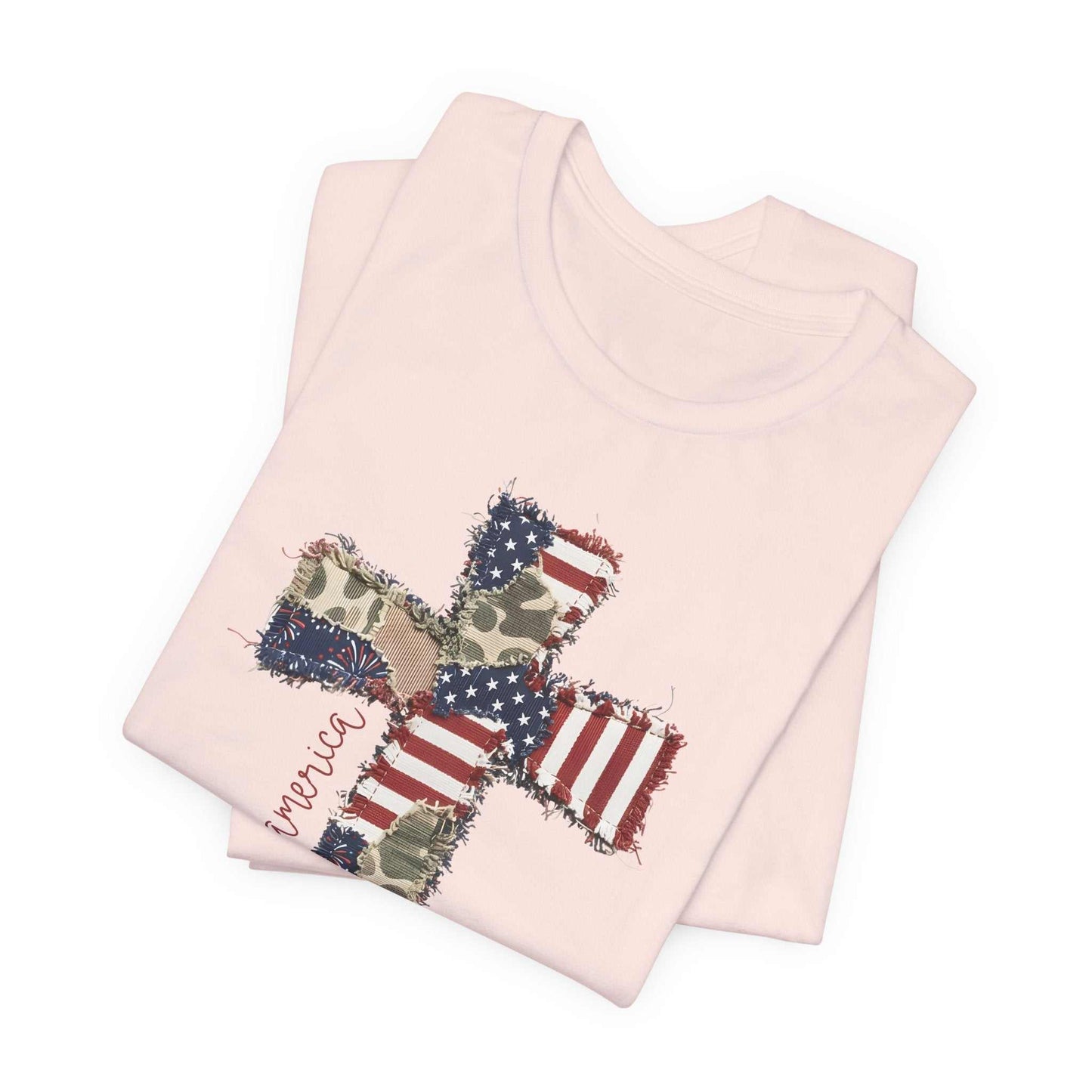 God Bless America shirt with patriotic cross and distressed American flag design
