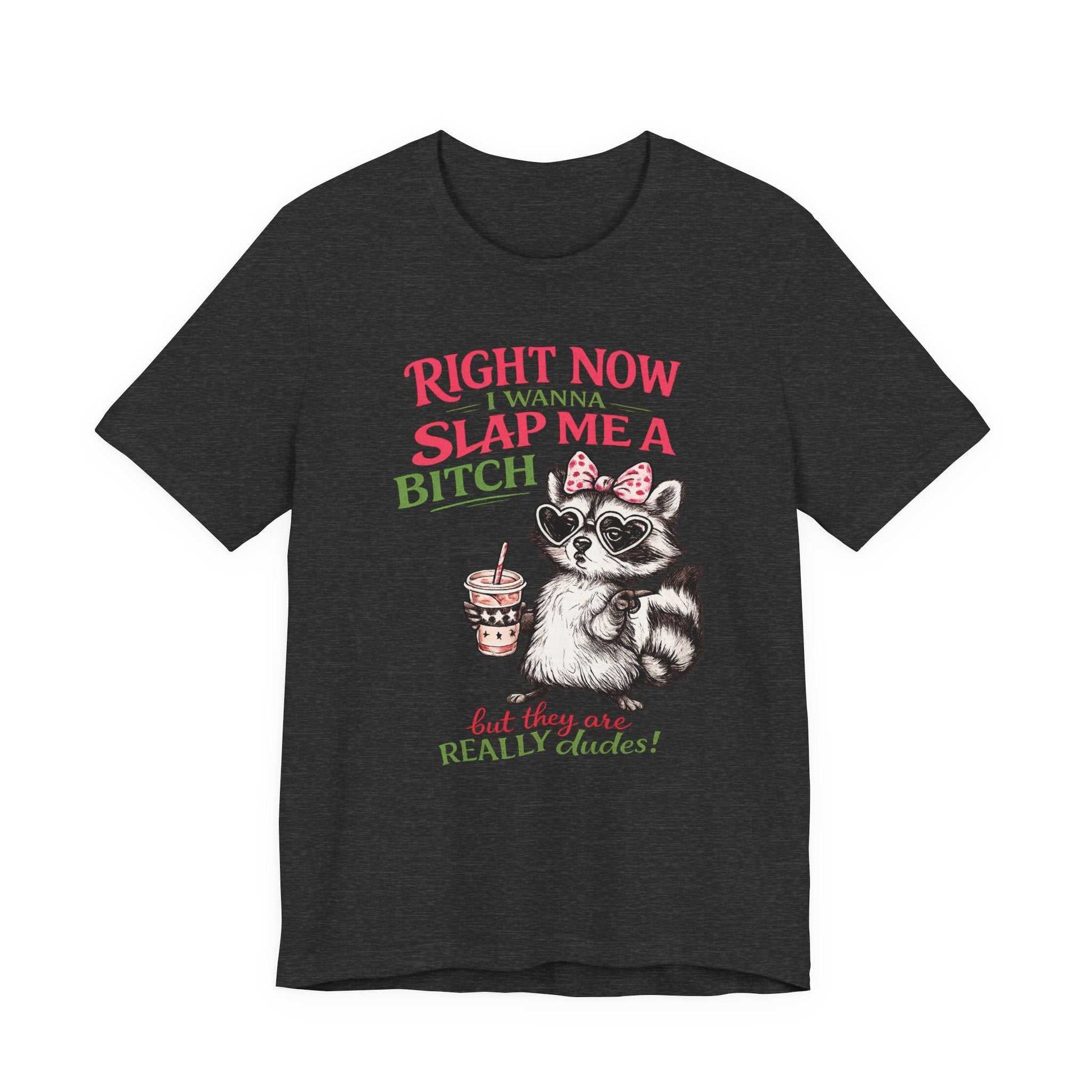 Graphic tee with sassy raccoon and "Right Now I Wanna Slap Me a BITCH" retro distressed text