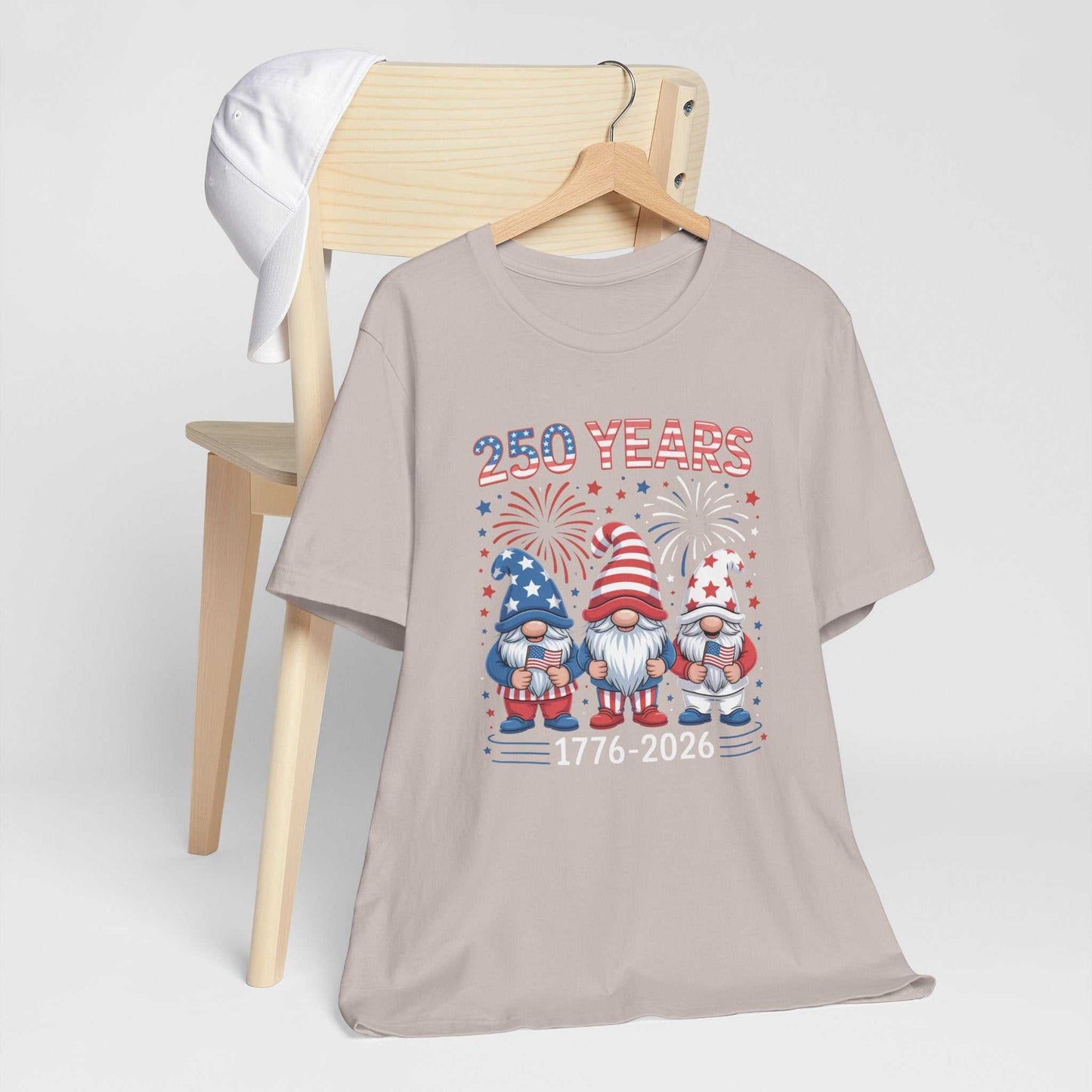 250 Years Patriotic Gnome Shirt with red white blue gnomes and fireworks celebrating America 1776-2026