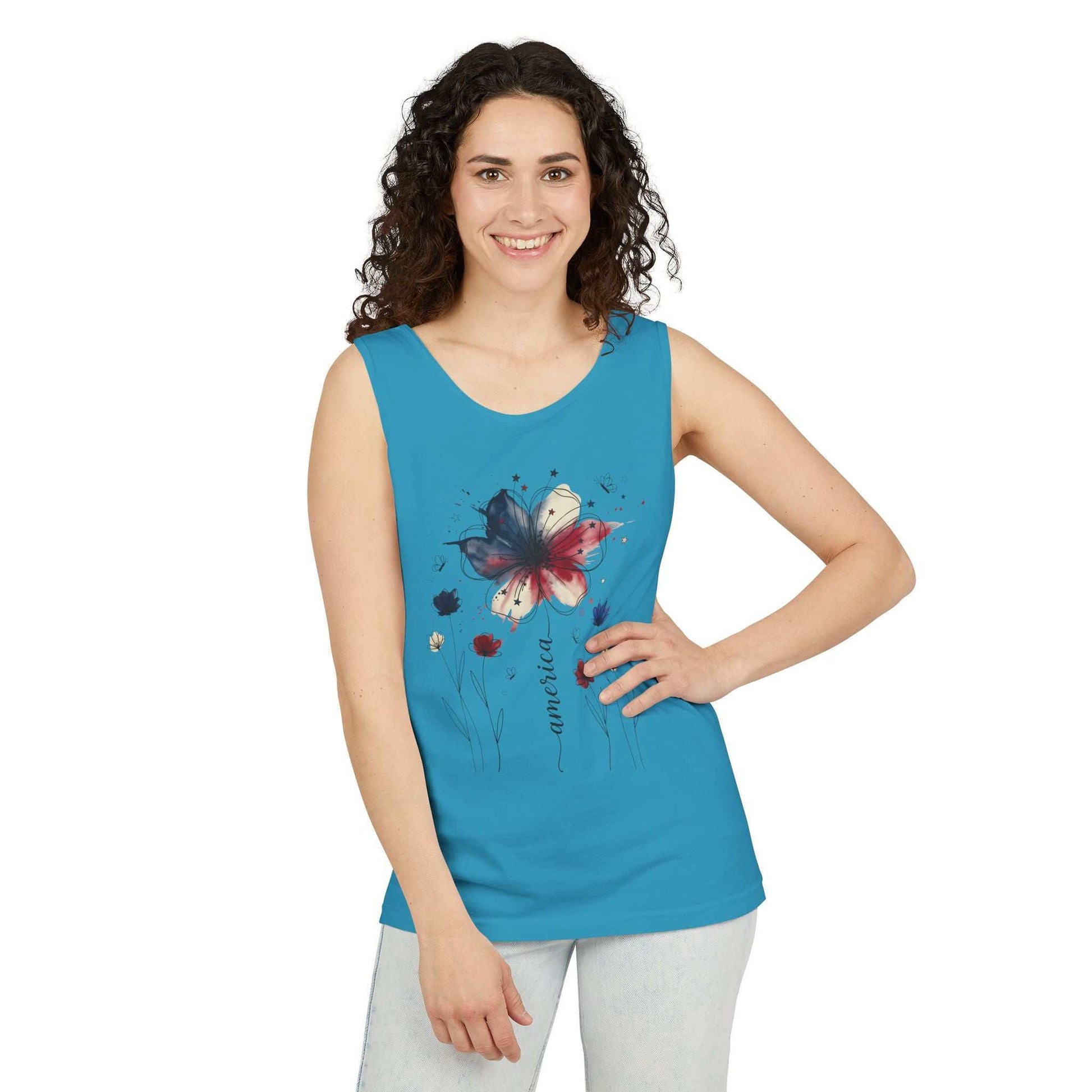 Patriotic watercolor flower tank top with indigo and rust floral design on soft cotton