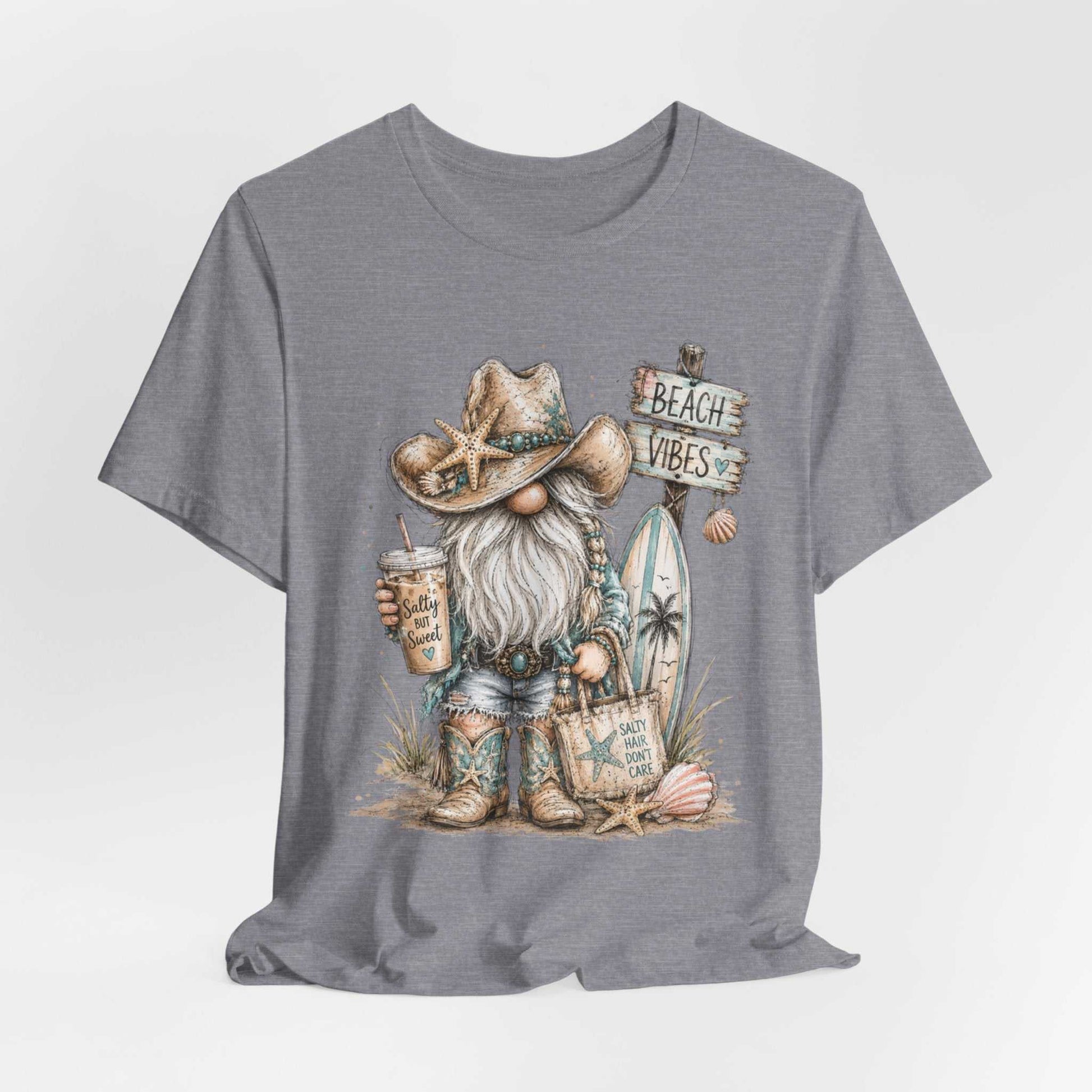Coastal Cowgirl Beach Gnome design with turquoise accents, cowboy boots, and seashells in watercolor sketch style on summer tee