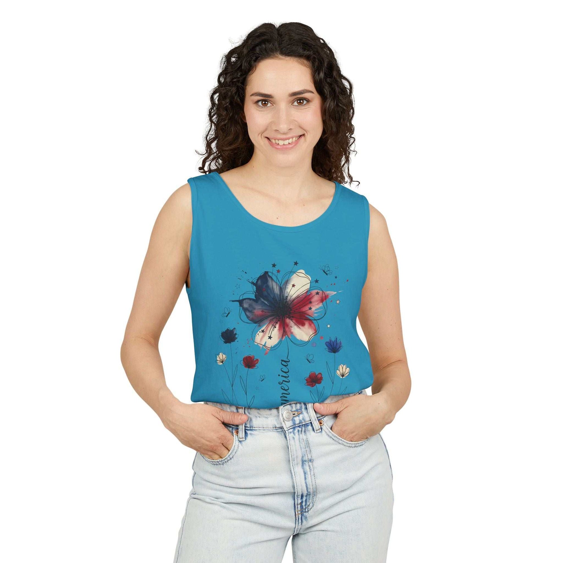 Patriotic watercolor flower tank top with indigo and rust floral design on soft, garment-dyed cotton