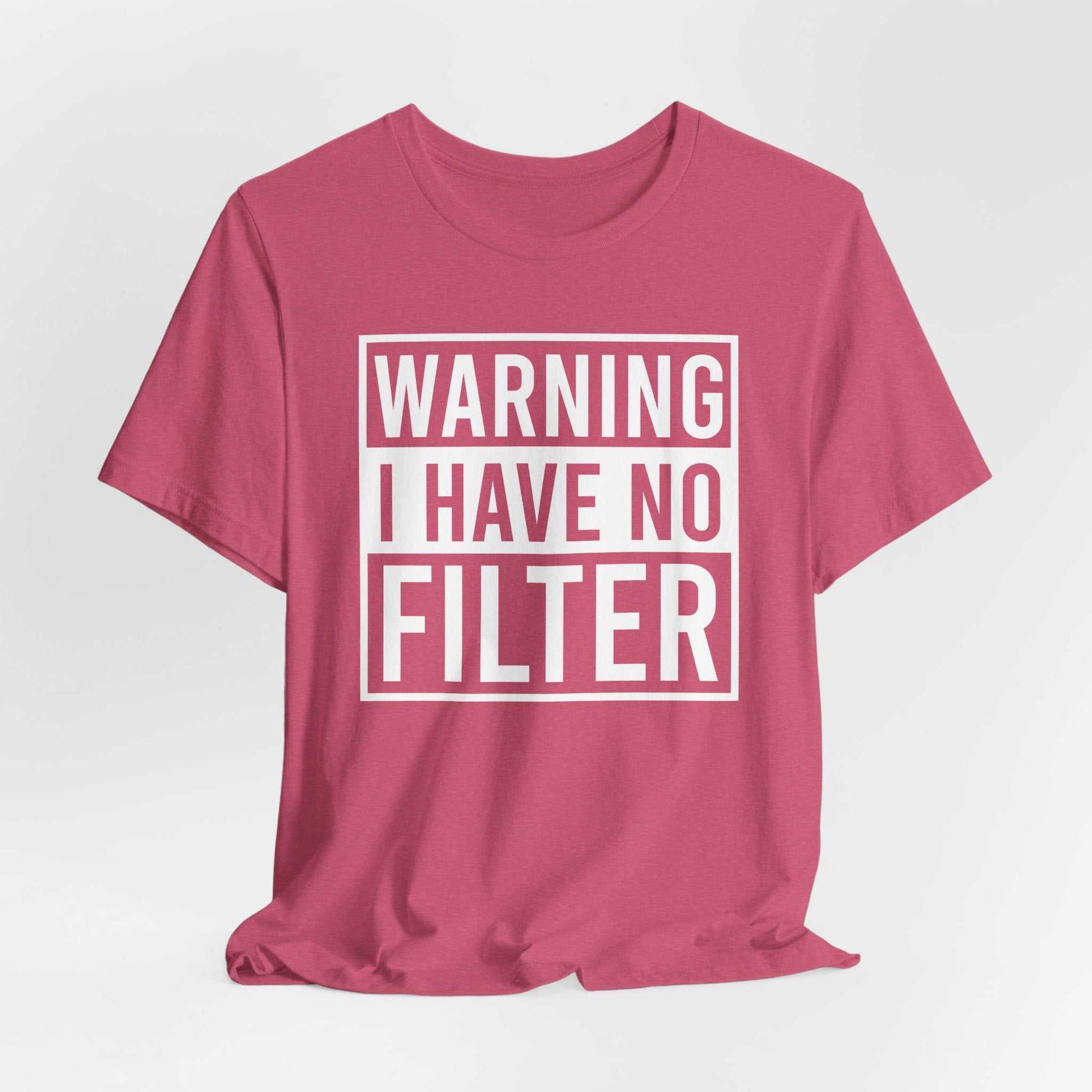 Woman wearing a black Bella Canvas 3001 unisex tee with "Warning I Have No Filter" printed on the front