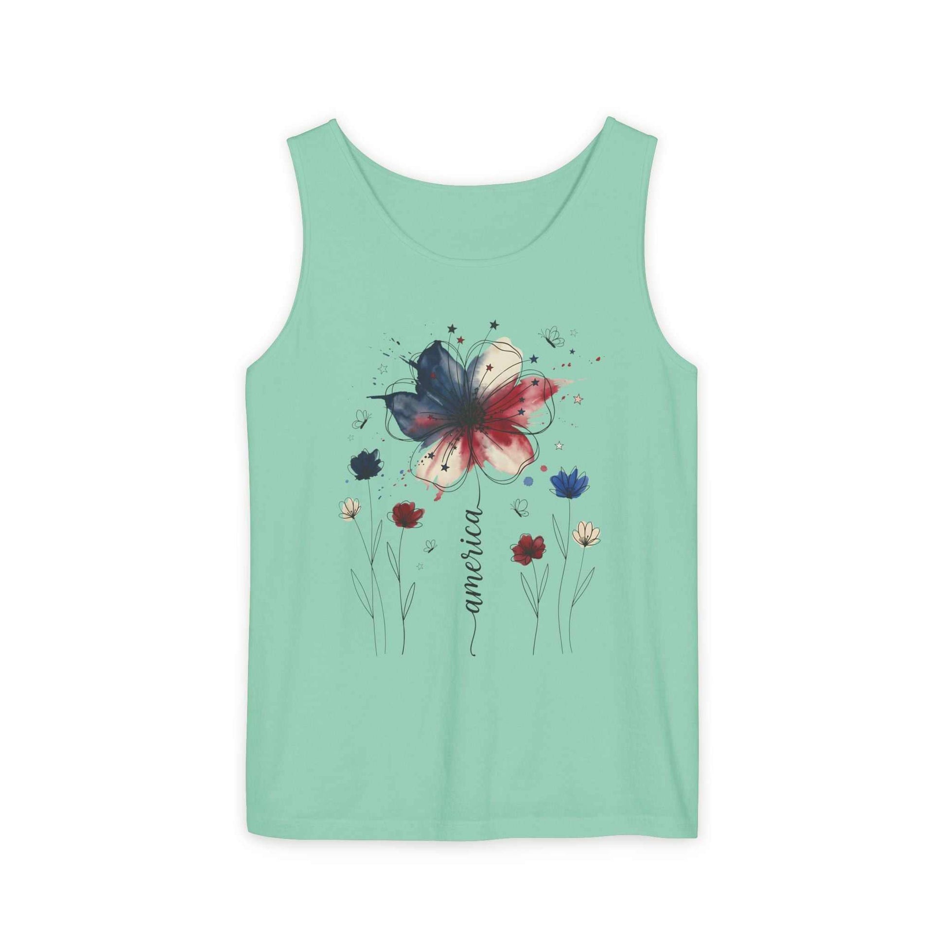 Patriotic watercolor flower tank top with indigo and rust floral graphic on soft cotton fabric