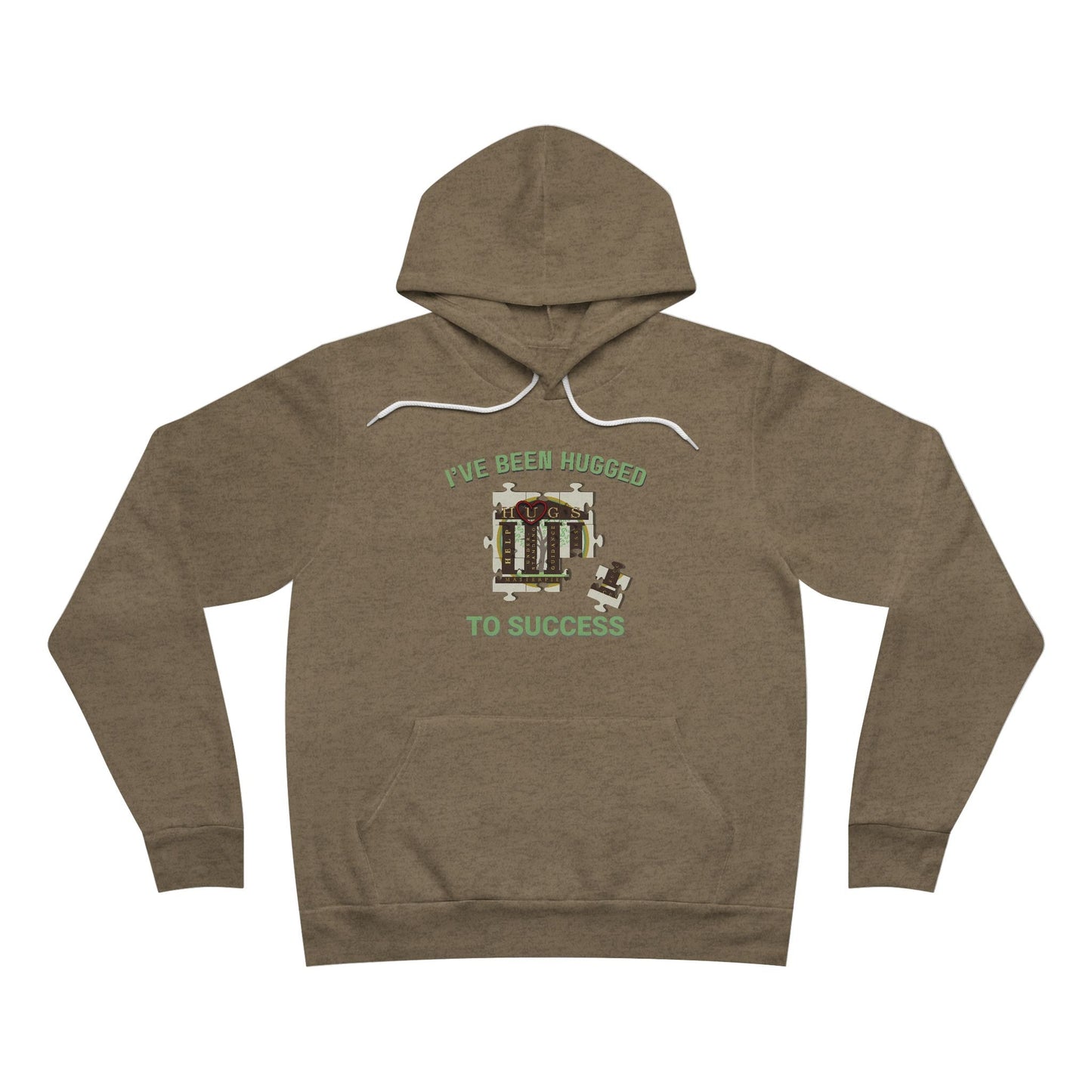 Black "I've Been Hugged to Success Hoodie" with puzzle-piece design symbolizing growth and connection