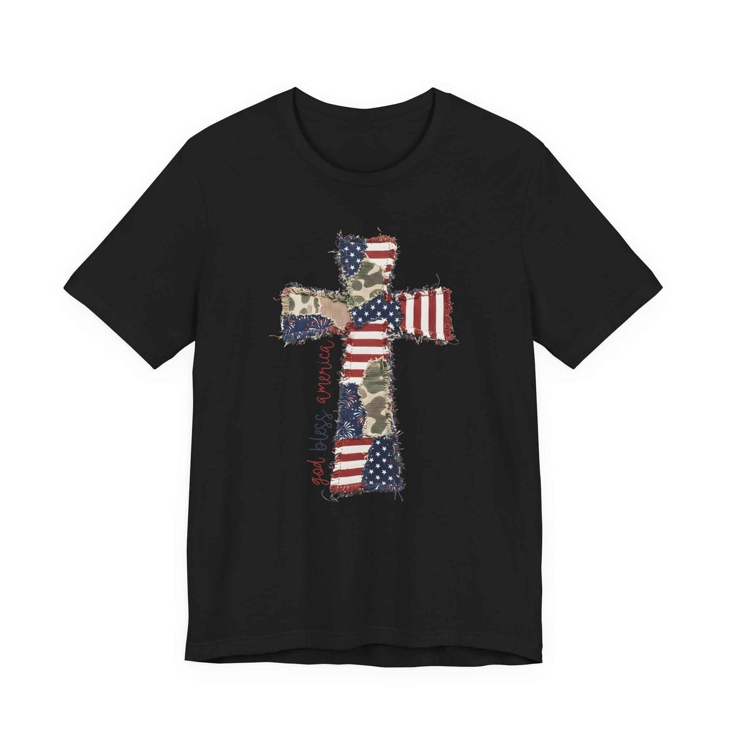God Bless America shirt with patriotic cross and distressed American flag design from Wyoming Sunset Boutique