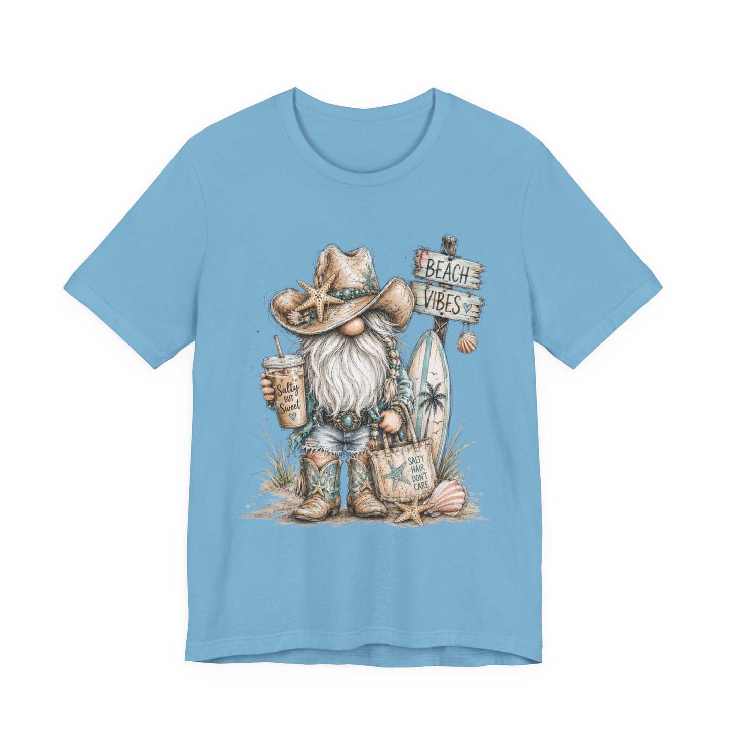 Coastal Cowgirl Beach Gnome shirt with turquoise accents, cowboy boots, and seashells in a watercolor style